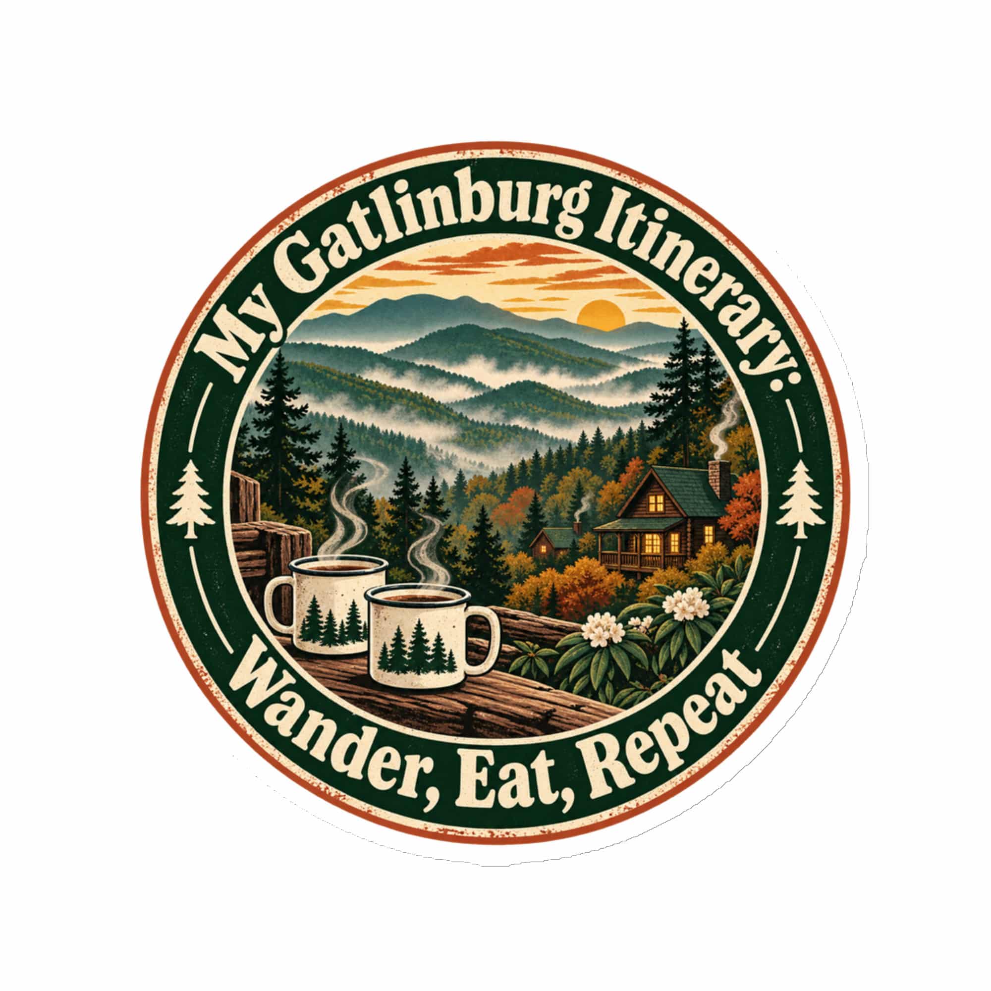 Gatlinburg and the Smokies Die-Cut Magnet: My Gatlinburg Itinerary: Wander, Eat, Repeat, Vintage Round Badge