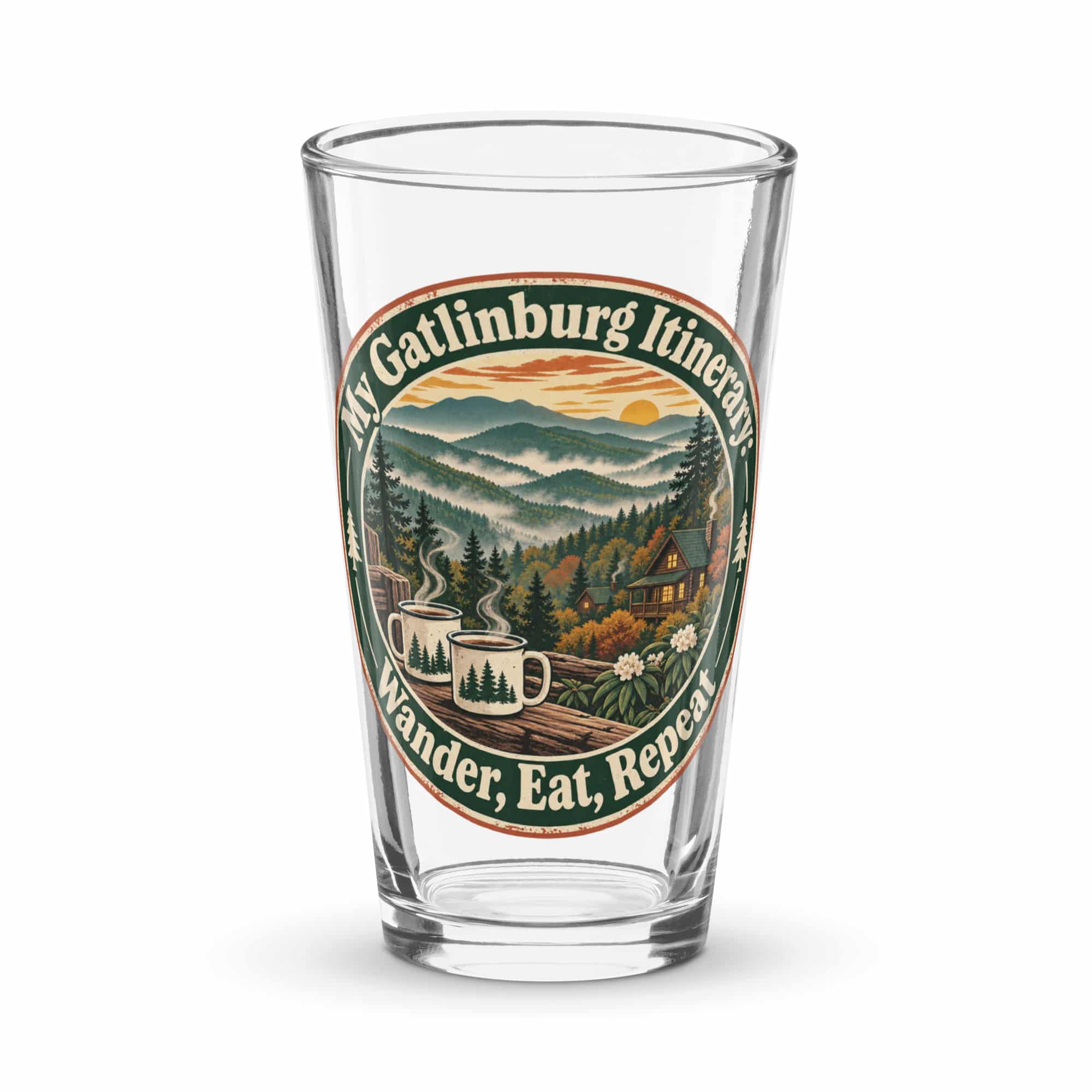 Gatlinburg and the Smokies Pint Glass: My Gatlinburg Itinerary: Wander, Eat, Repeat, Vintage Round Badge
