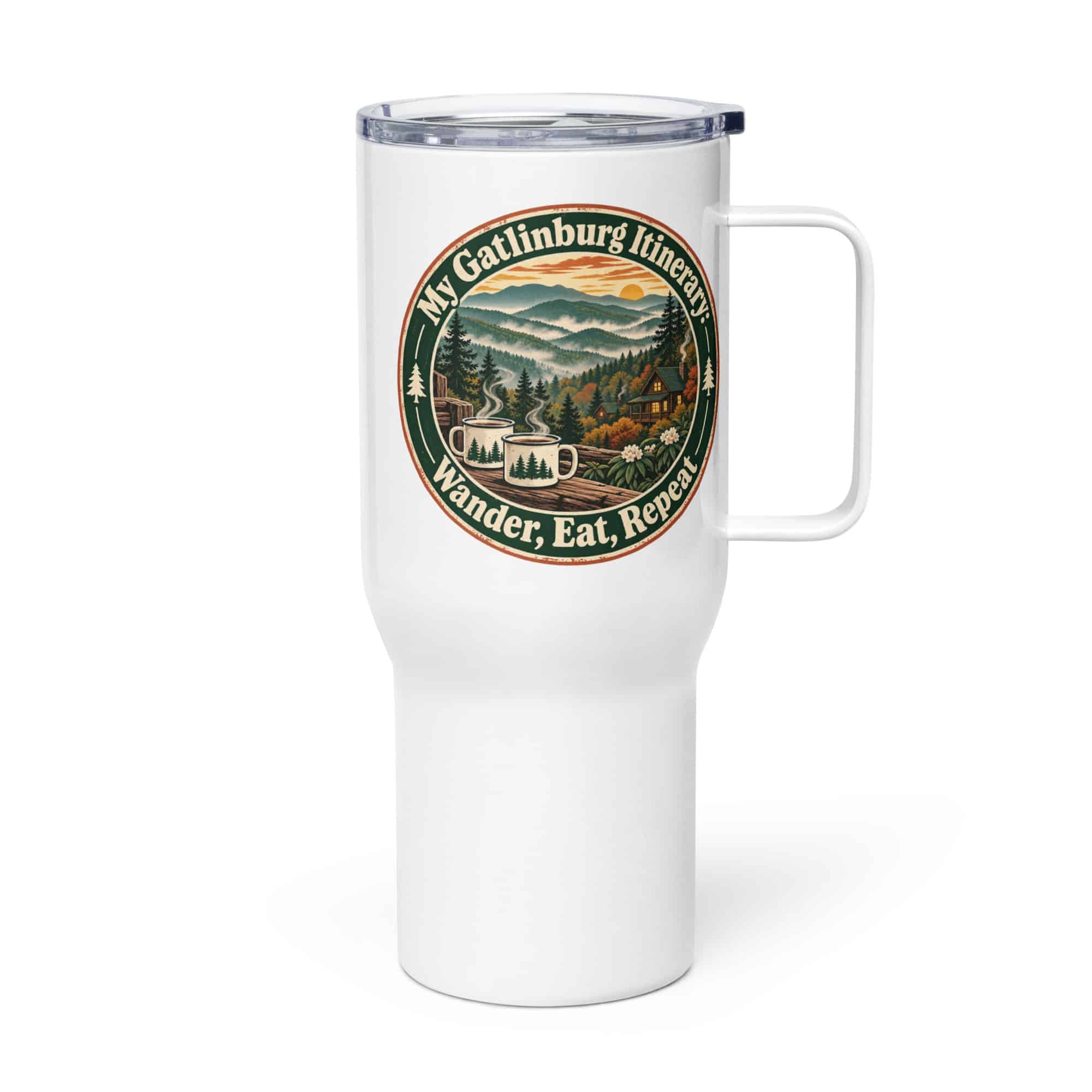 Gatlinburg and the Smokies Travel Mug: My Gatlinburg Itinerary: Wander, Eat, Repeat, Vintage Round Badge