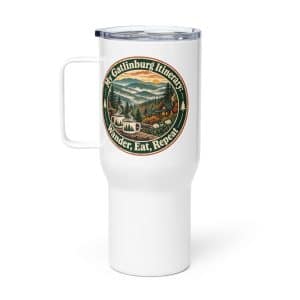 Gatlinburg and the Smokies Travel Mug: My Gatlinburg Itinerary: Wander, Eat, Repeat, Vintage Round Badge - 25 oz - Main