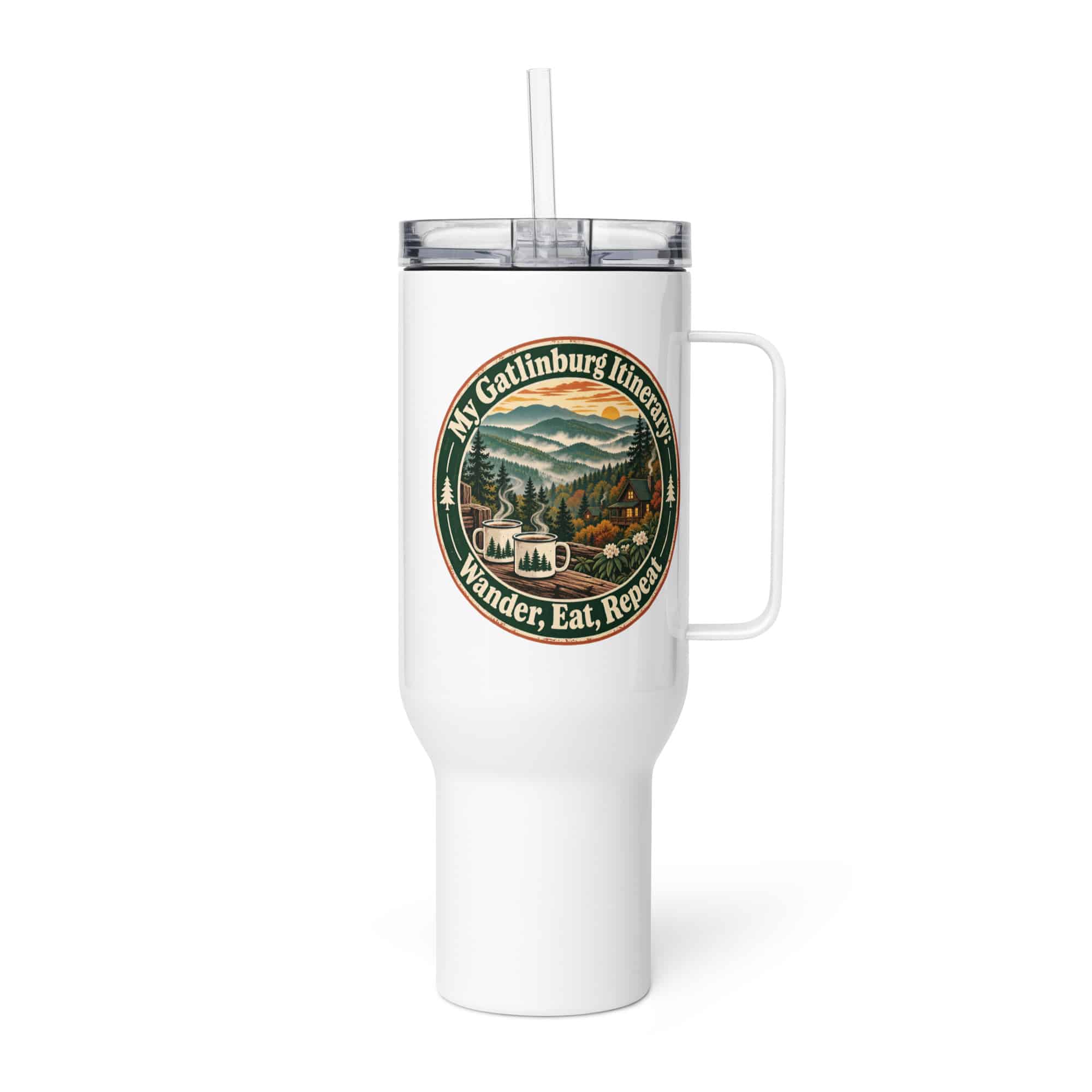 Gatlinburg and the Smokies Travel Mug: My Gatlinburg Itinerary: Wander, Eat, Repeat, Vintage Round Badge