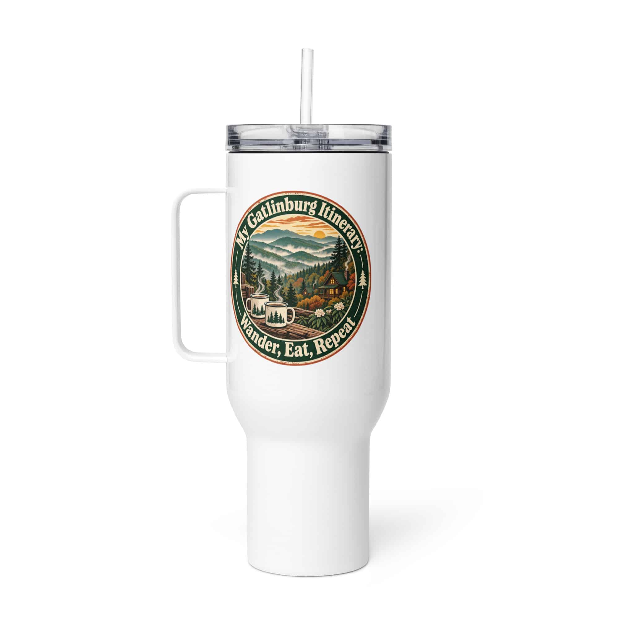 Gatlinburg and the Smokies Travel Mug: My Gatlinburg Itinerary: Wander, Eat, Repeat, Vintage Round Badge