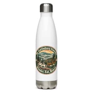 Gatlinburg and the Smokies Stainless Steel Water Bottle: My Gatlinburg Itinerary: Wander, Eat, Repeat, Vintage Round Badge - 17 oz - Main