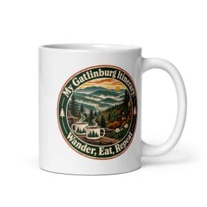 Gatlinburg and the Smokies White Ceramic Coffee Mug: My Gatlinburg Itinerary: Wander, Eat, Repeat, Vintage Round Badge - 11 oz - Main