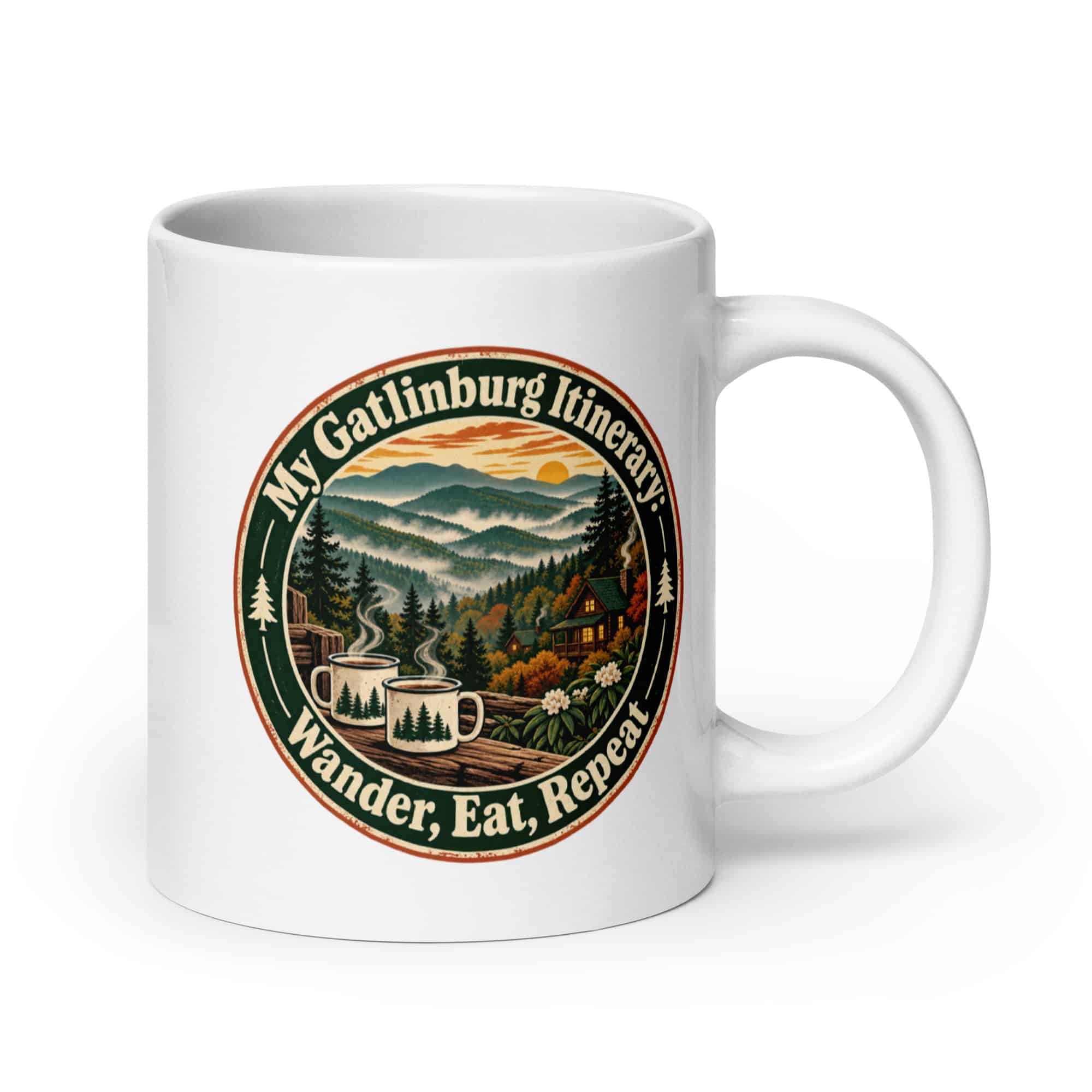 Gatlinburg and the Smokies White Ceramic Coffee Mug: My Gatlinburg Itinerary: Wander, Eat, Repeat, Vintage Round Badge
