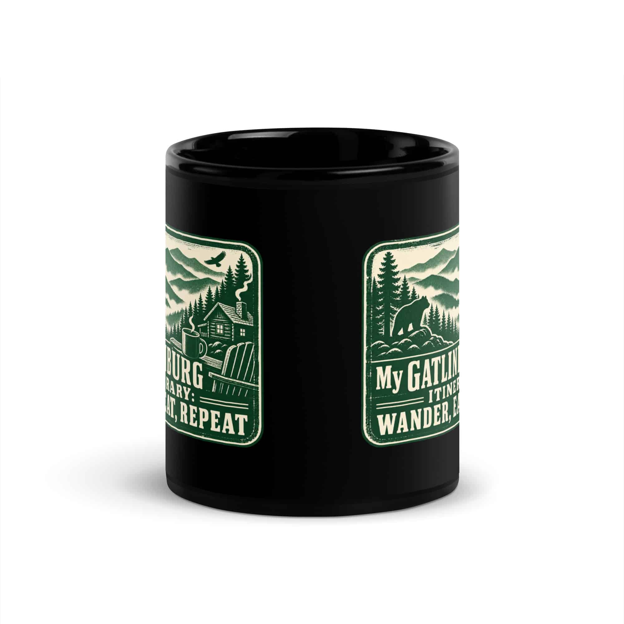 Gatlinburg and the Smokies Black Coffee Mug: My Gatlinburg Itinerary: Wander, Eat, Repeat, Forest Ink Stamp