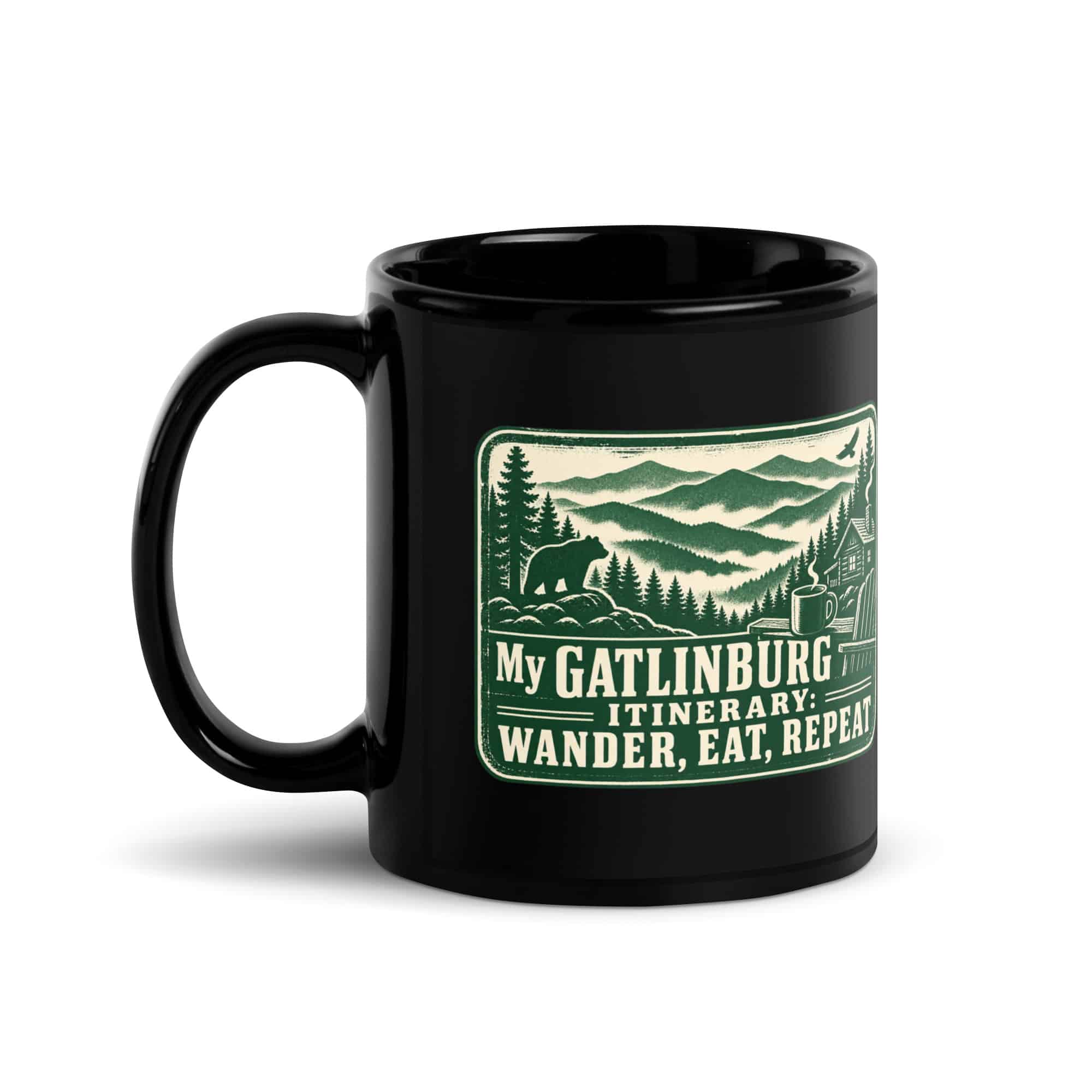 Gatlinburg and the Smokies Black Coffee Mug: My Gatlinburg Itinerary: Wander, Eat, Repeat, Forest Ink Stamp