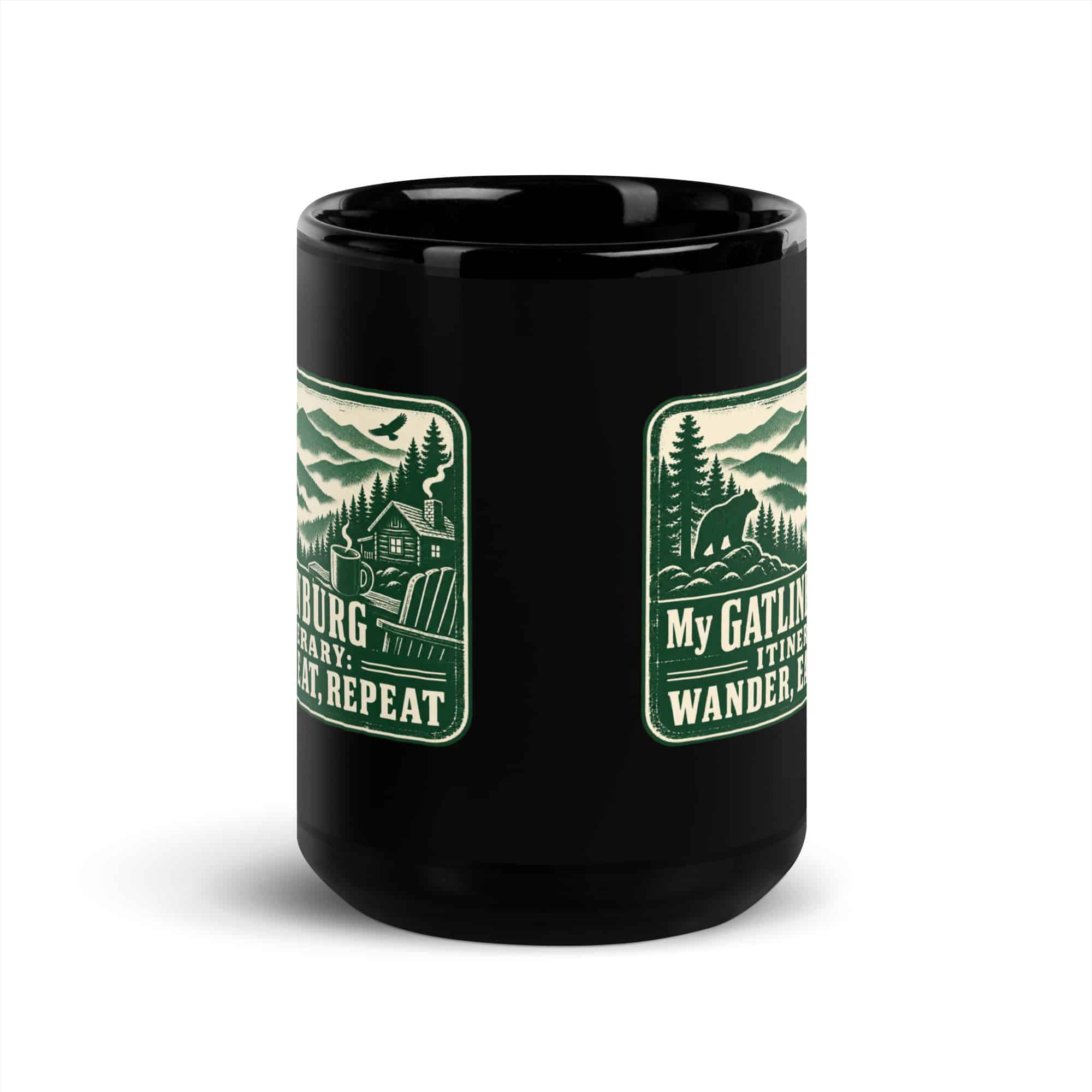 Gatlinburg and the Smokies Black Coffee Mug: My Gatlinburg Itinerary: Wander, Eat, Repeat, Forest Ink Stamp