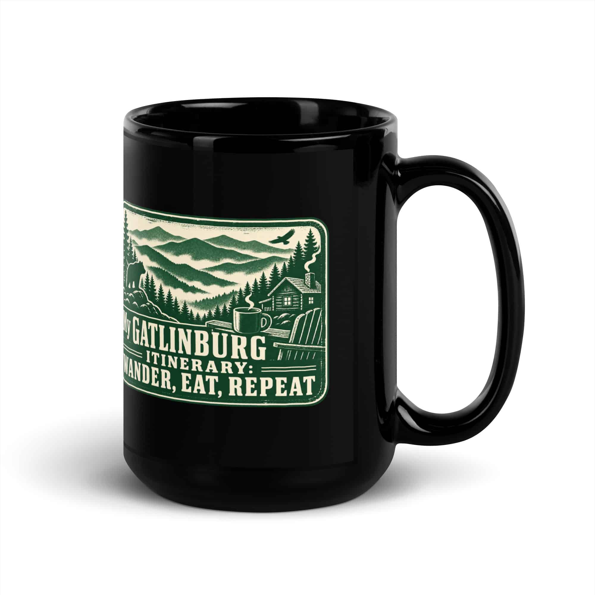 Gatlinburg and the Smokies Black Coffee Mug: My Gatlinburg Itinerary: Wander, Eat, Repeat, Forest Ink Stamp
