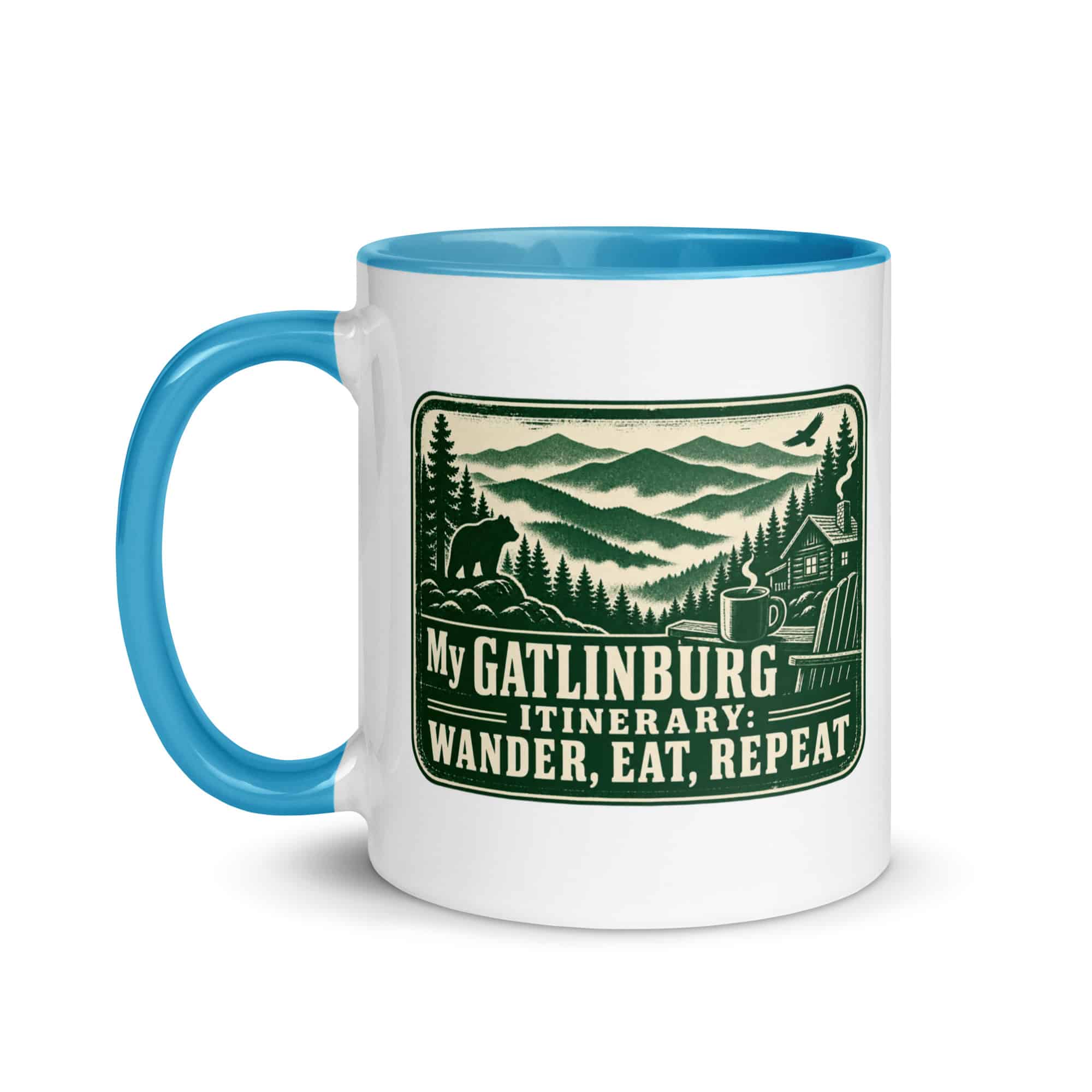 Gatlinburg and the Smokies Color Inside Coffee Mug: My Gatlinburg Itinerary: Wander, Eat, Repeat, Forest Ink Stamp