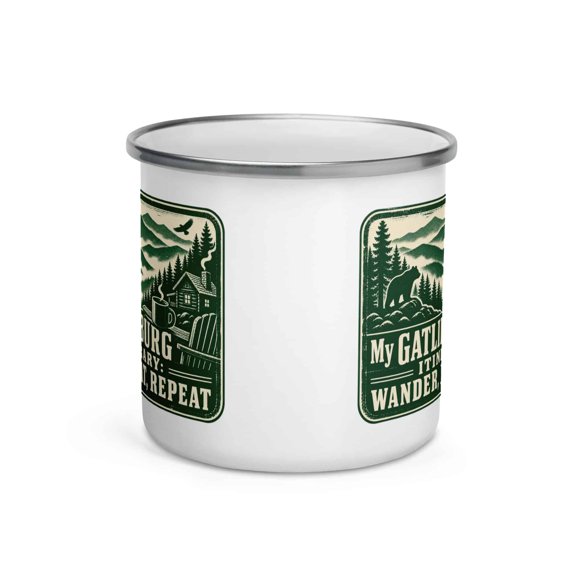 Gatlinburg and the Smokies Enamel Camp Mug: My Gatlinburg Itinerary: Wander, Eat, Repeat, Forest Ink Stamp