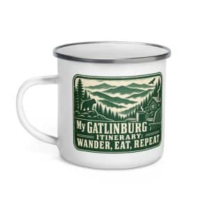 Gatlinburg and the Smokies Enamel Camp Mug: My Gatlinburg Itinerary: Wander, Eat, Repeat, Forest Ink Stamp - 12 oz - Left