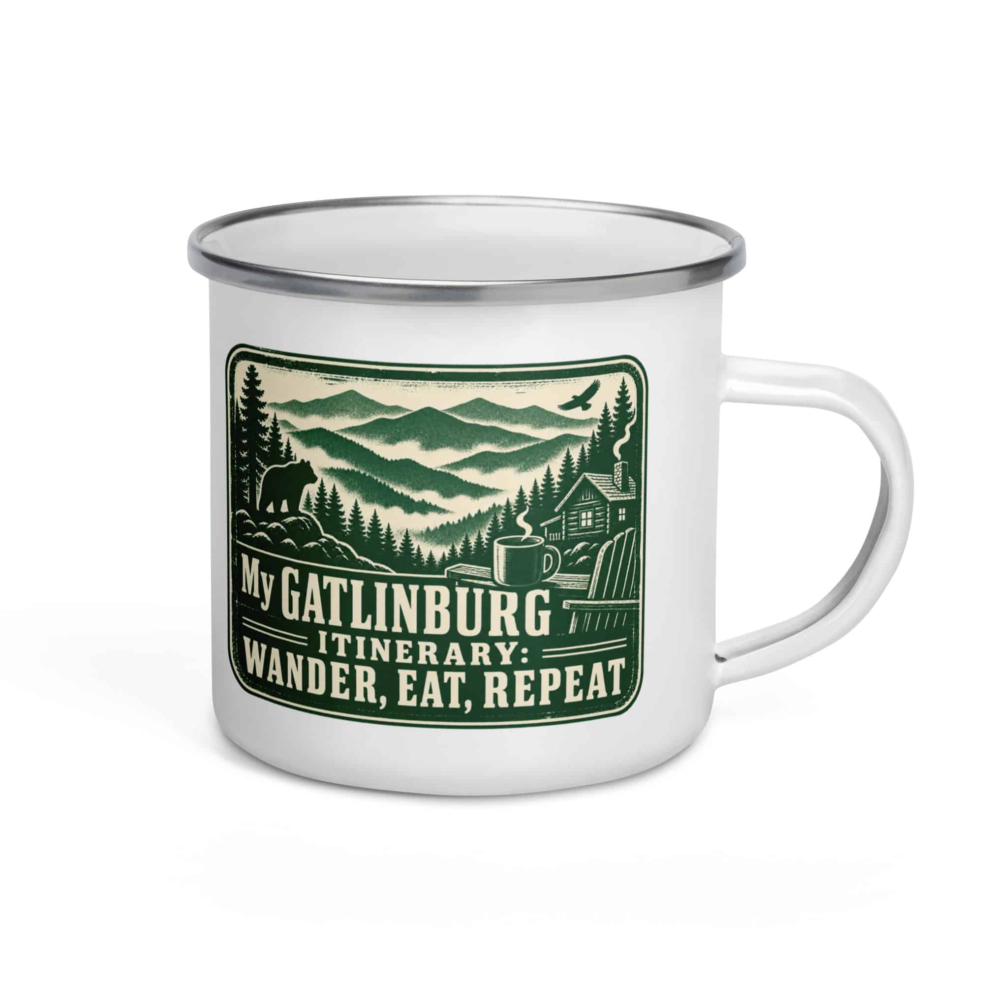 Gatlinburg and the Smokies Enamel Camp Mug: My Gatlinburg Itinerary: Wander, Eat, Repeat, Forest Ink Stamp