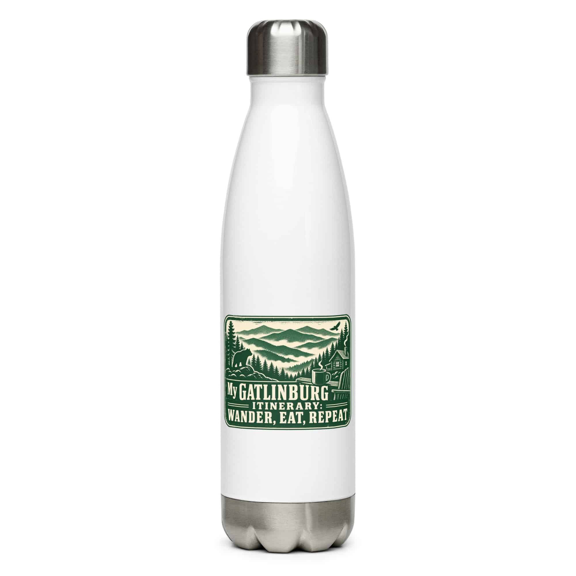 Gatlinburg and the Smokies Stainless Steel Water Bottle: My Gatlinburg Itinerary: Wander, Eat, Repeat, Forest Ink Stamp