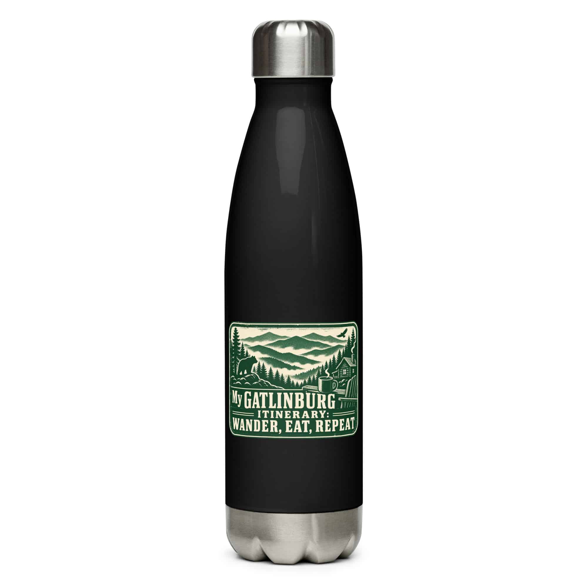 Gatlinburg and the Smokies Stainless Steel Water Bottle: My Gatlinburg Itinerary: Wander, Eat, Repeat, Forest Ink Stamp