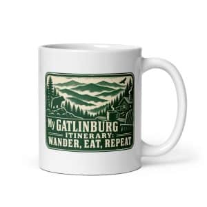 Gatlinburg and the Smokies White Ceramic Coffee Mug: My Gatlinburg Itinerary: Wander, Eat, Repeat, Forest Ink Stamp - 11 oz - Main
