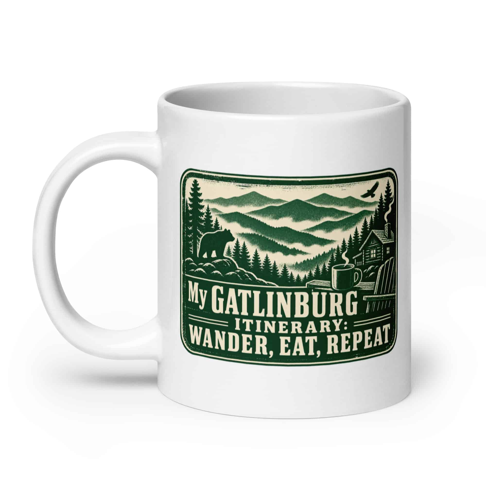 Gatlinburg and the Smokies White Ceramic Coffee Mug: My Gatlinburg Itinerary: Wander, Eat, Repeat, Forest Ink Stamp