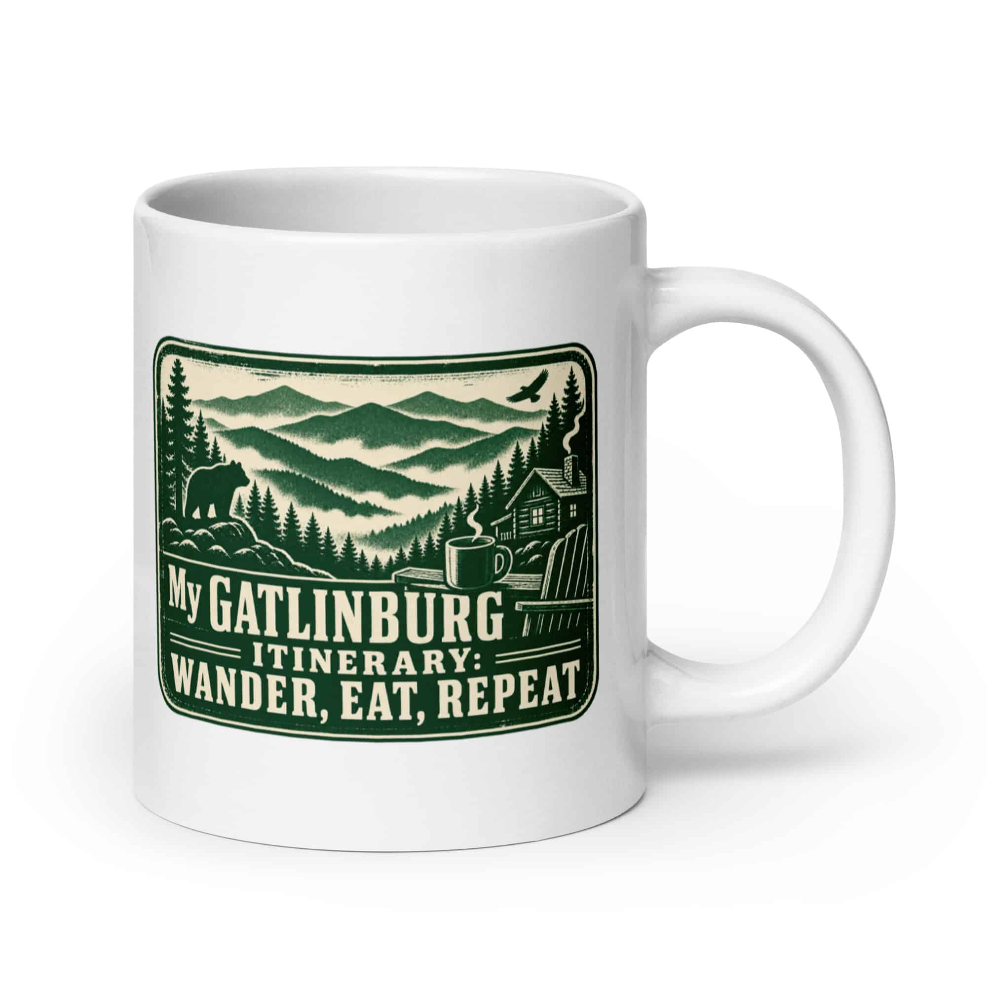 Gatlinburg and the Smokies White Ceramic Coffee Mug: My Gatlinburg Itinerary: Wander, Eat, Repeat, Forest Ink Stamp