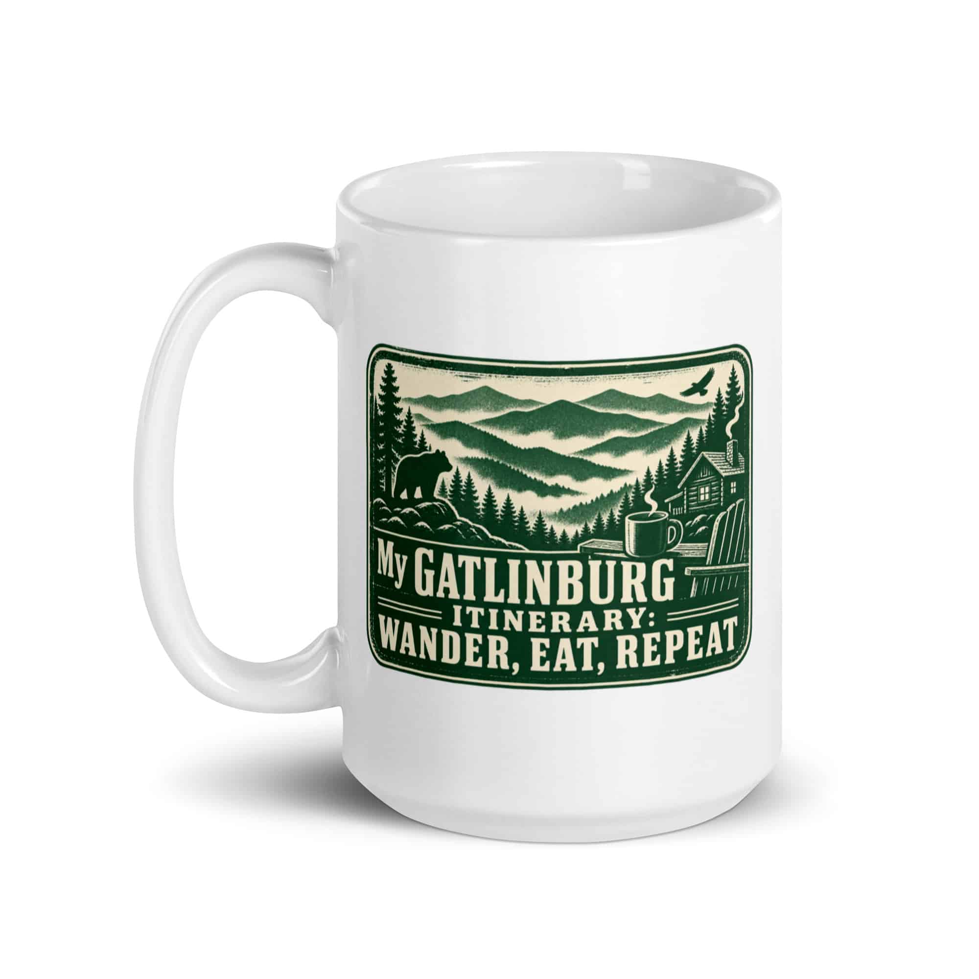 Gatlinburg and the Smokies White Ceramic Coffee Mug: My Gatlinburg Itinerary: Wander, Eat, Repeat, Forest Ink Stamp