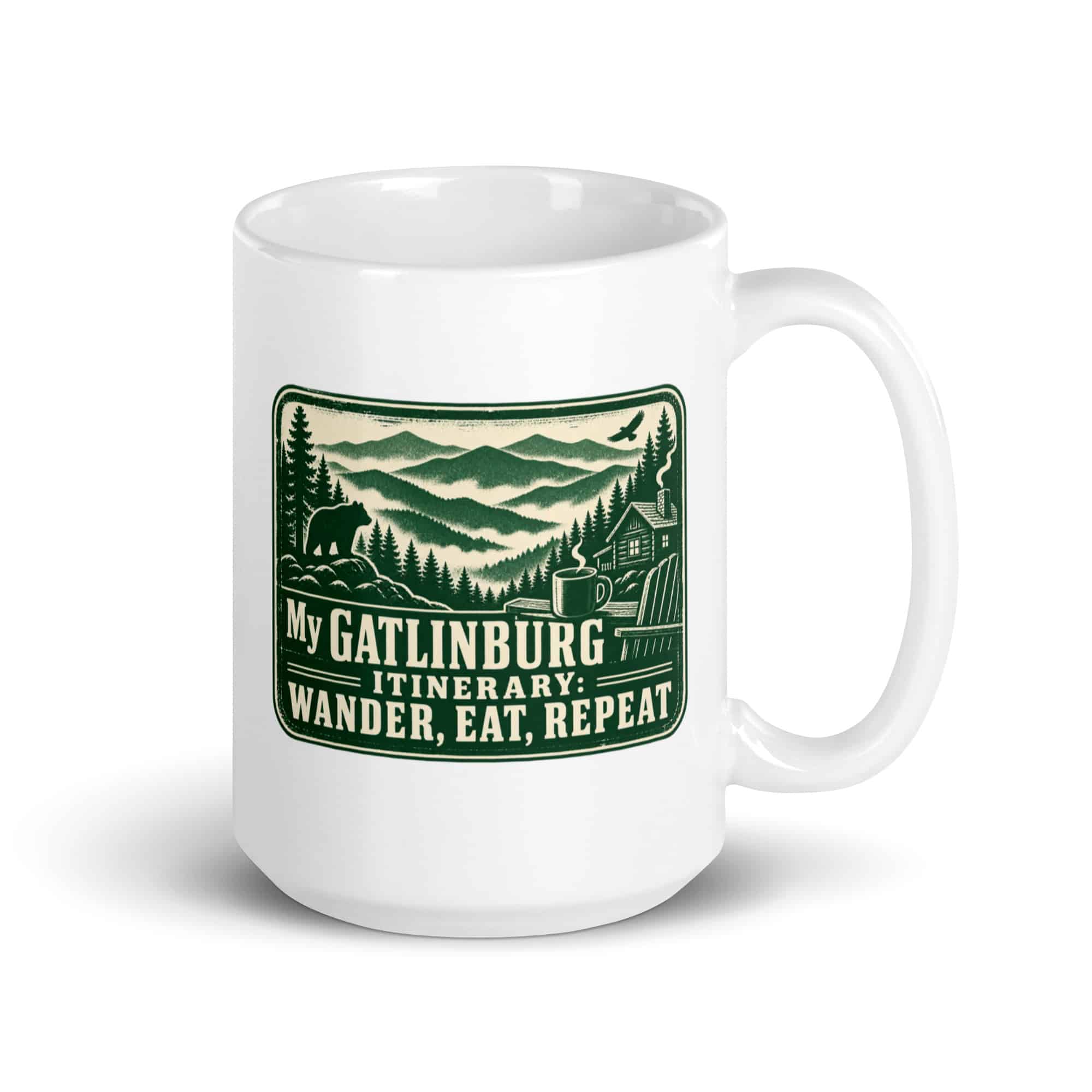Gatlinburg and the Smokies White Ceramic Coffee Mug: My Gatlinburg Itinerary: Wander, Eat, Repeat, Forest Ink Stamp