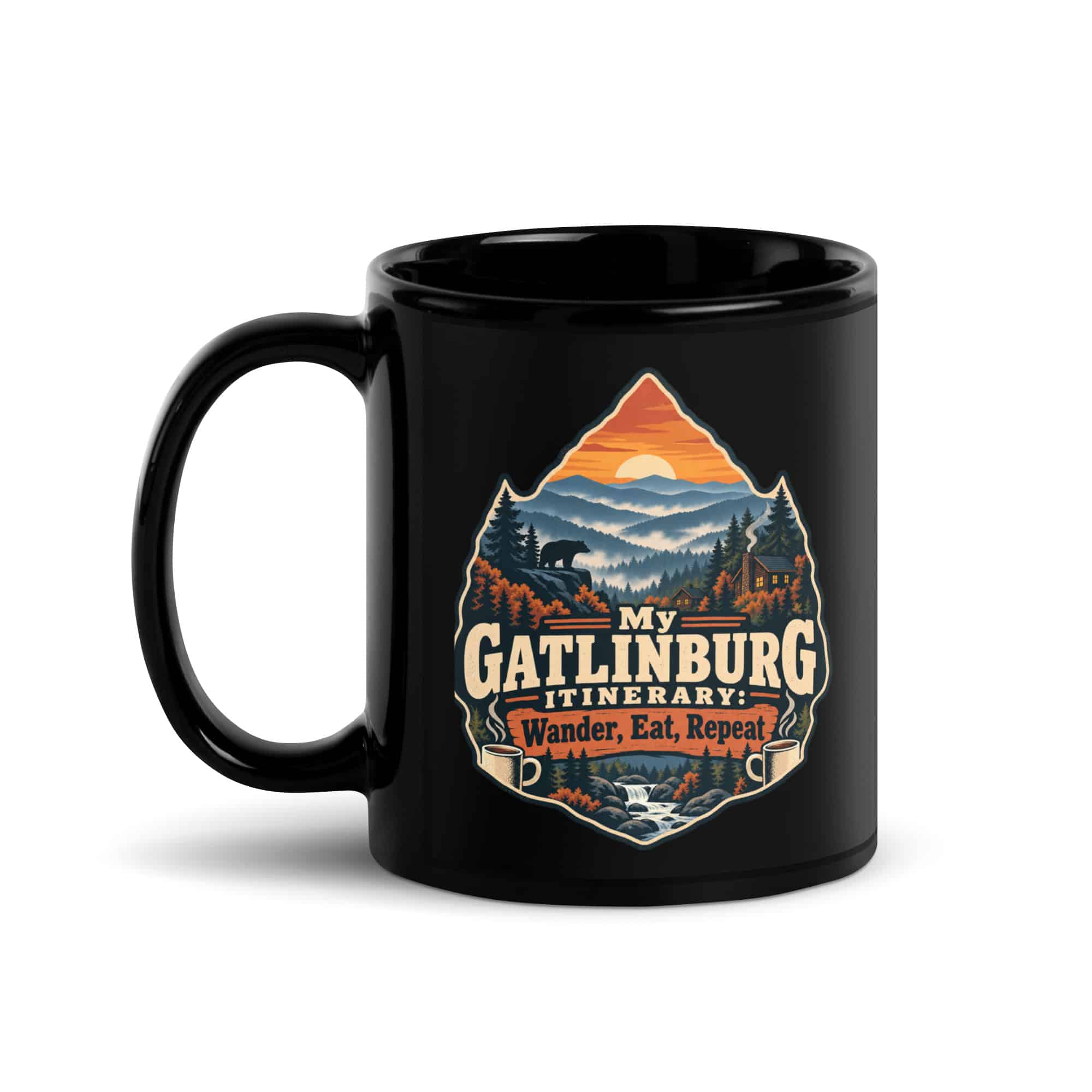 Gatlinburg and the Smokies Black Coffee Mug: My Gatlinburg Itinerary: Wander, Eat, Repeat, Scenic Shield Badge