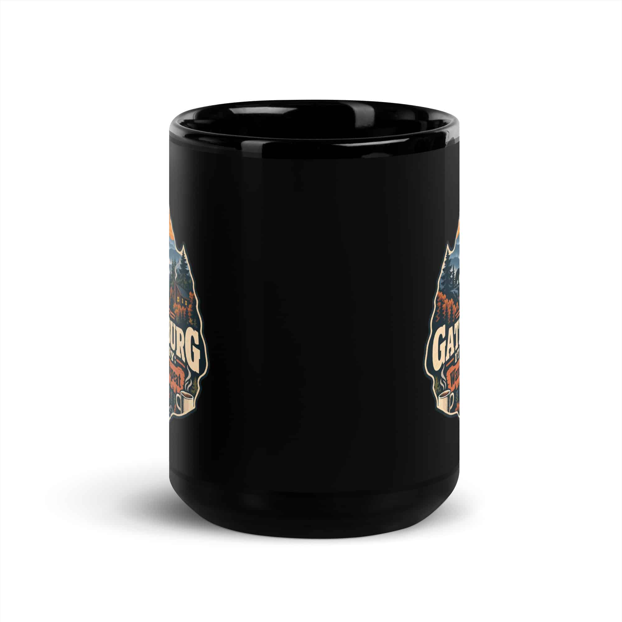 Gatlinburg and the Smokies Black Coffee Mug: My Gatlinburg Itinerary: Wander, Eat, Repeat, Scenic Shield Badge