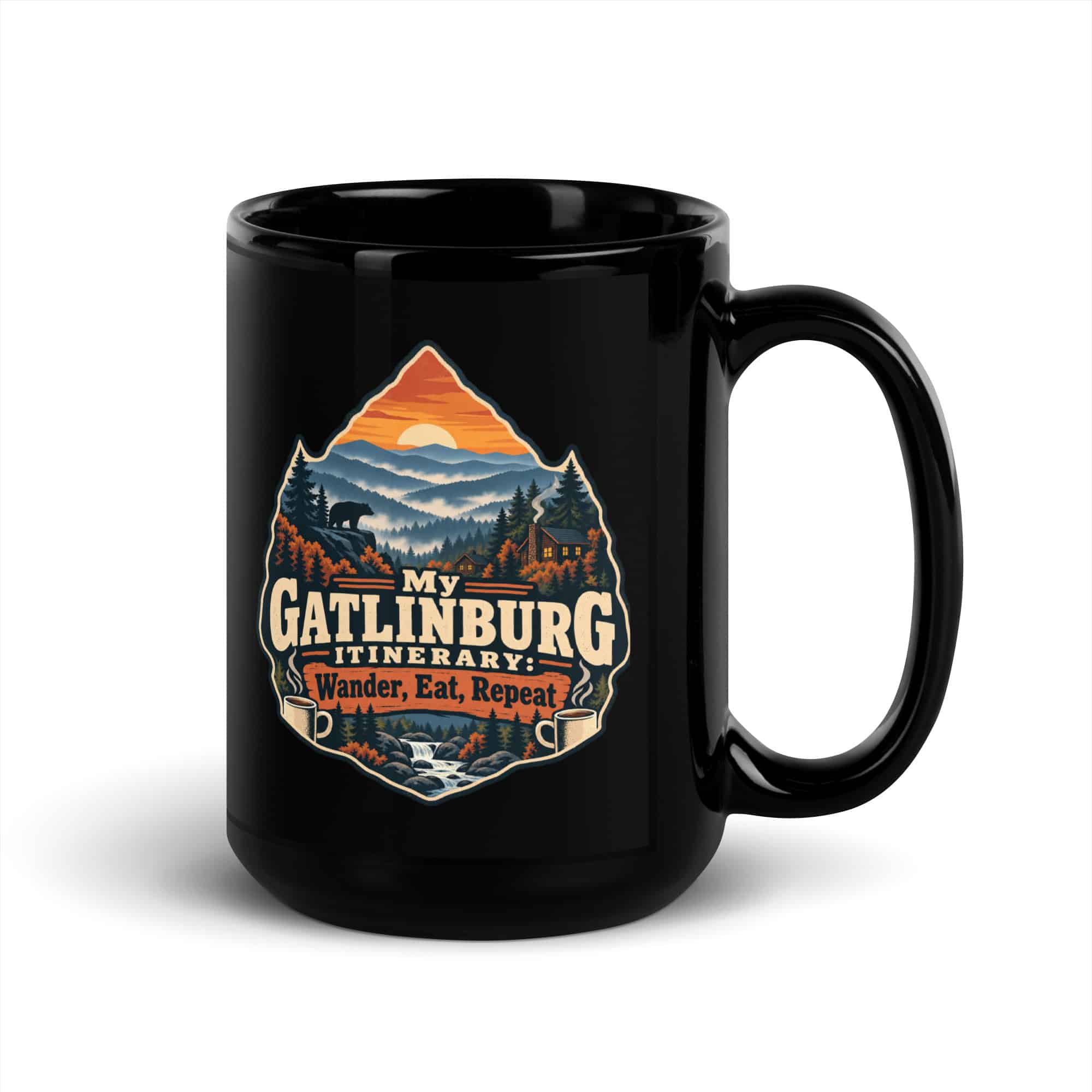 Gatlinburg and the Smokies Black Coffee Mug: My Gatlinburg Itinerary: Wander, Eat, Repeat, Scenic Shield Badge