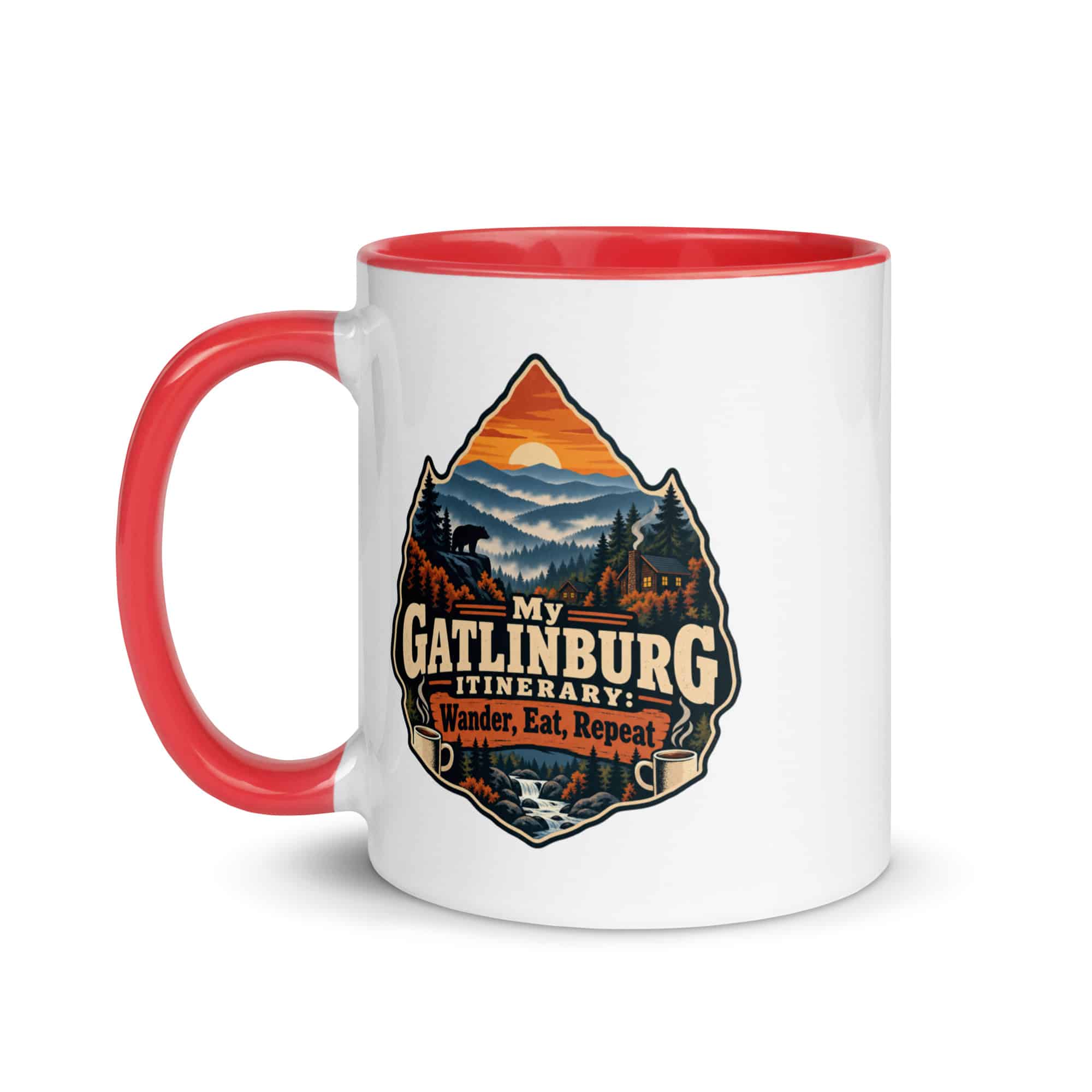 Gatlinburg and the Smokies Color Inside Coffee Mug: My Gatlinburg Itinerary: Wander, Eat, Repeat, Scenic Shield Badge