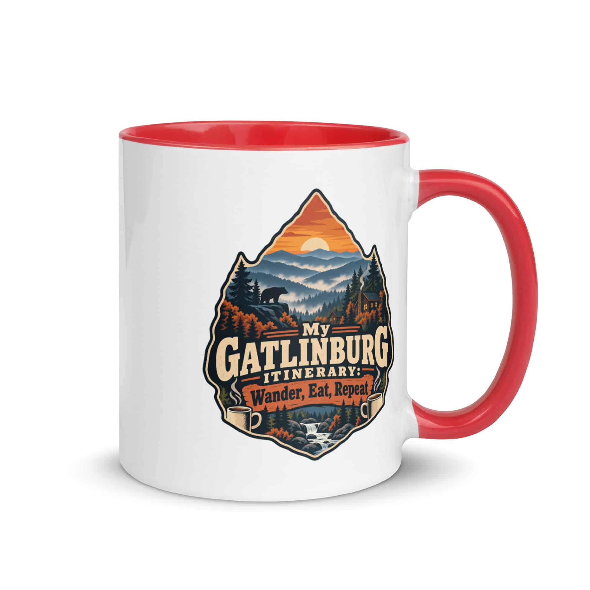 Gatlinburg and the Smokies Color Inside Coffee Mug: My Gatlinburg Itinerary: Wander, Eat, Repeat, Scenic Shield Badge