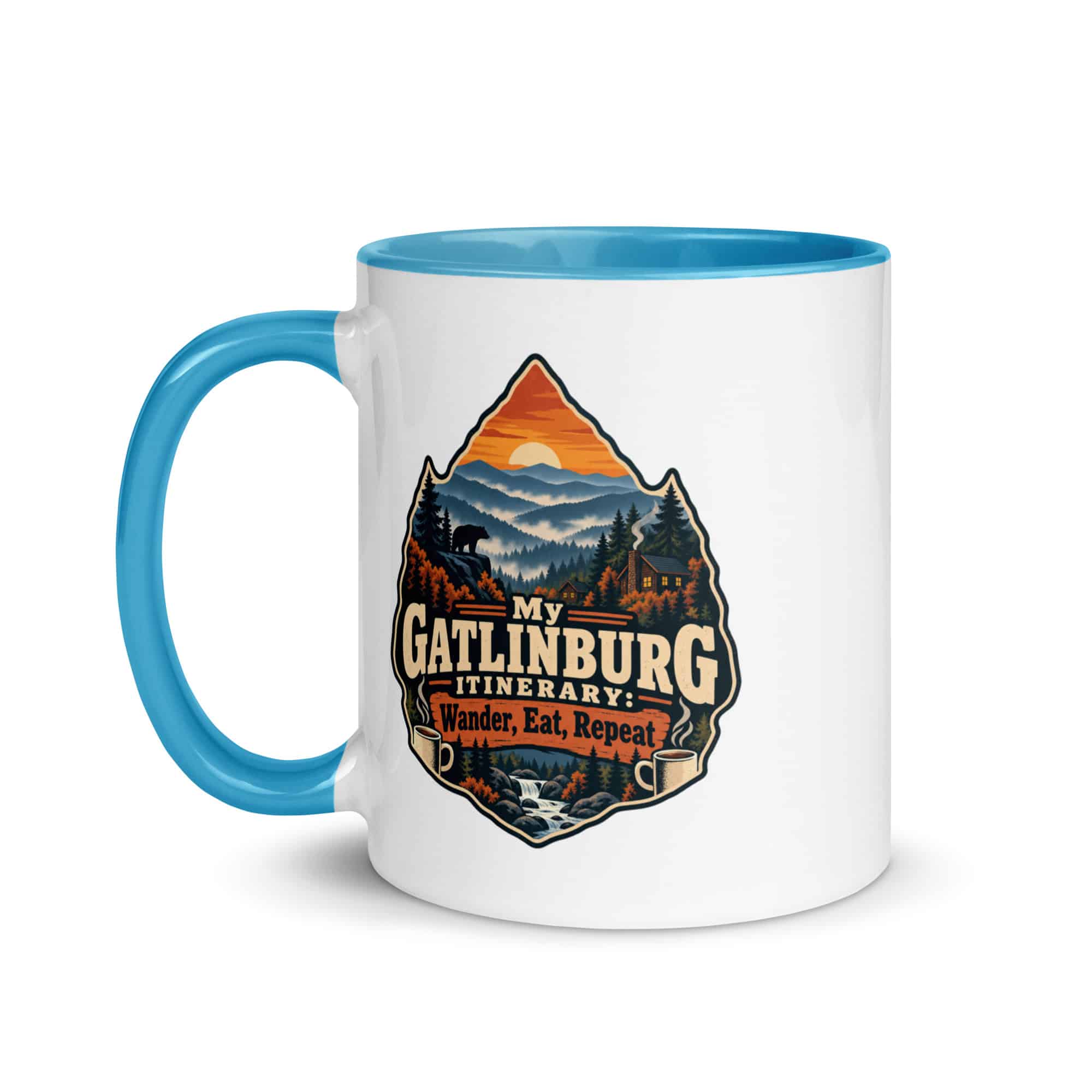 Gatlinburg and the Smokies Color Inside Coffee Mug: My Gatlinburg Itinerary: Wander, Eat, Repeat, Scenic Shield Badge
