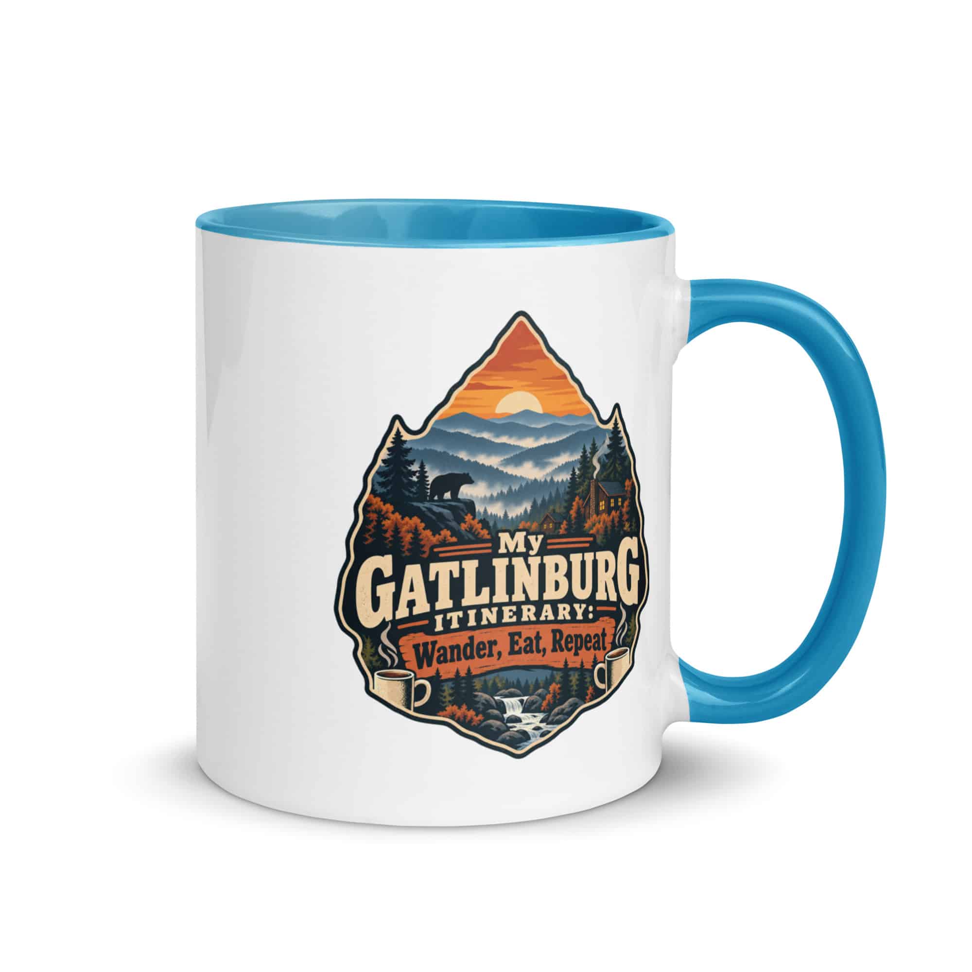 Gatlinburg and the Smokies Color Inside Coffee Mug: My Gatlinburg Itinerary: Wander, Eat, Repeat, Scenic Shield Badge