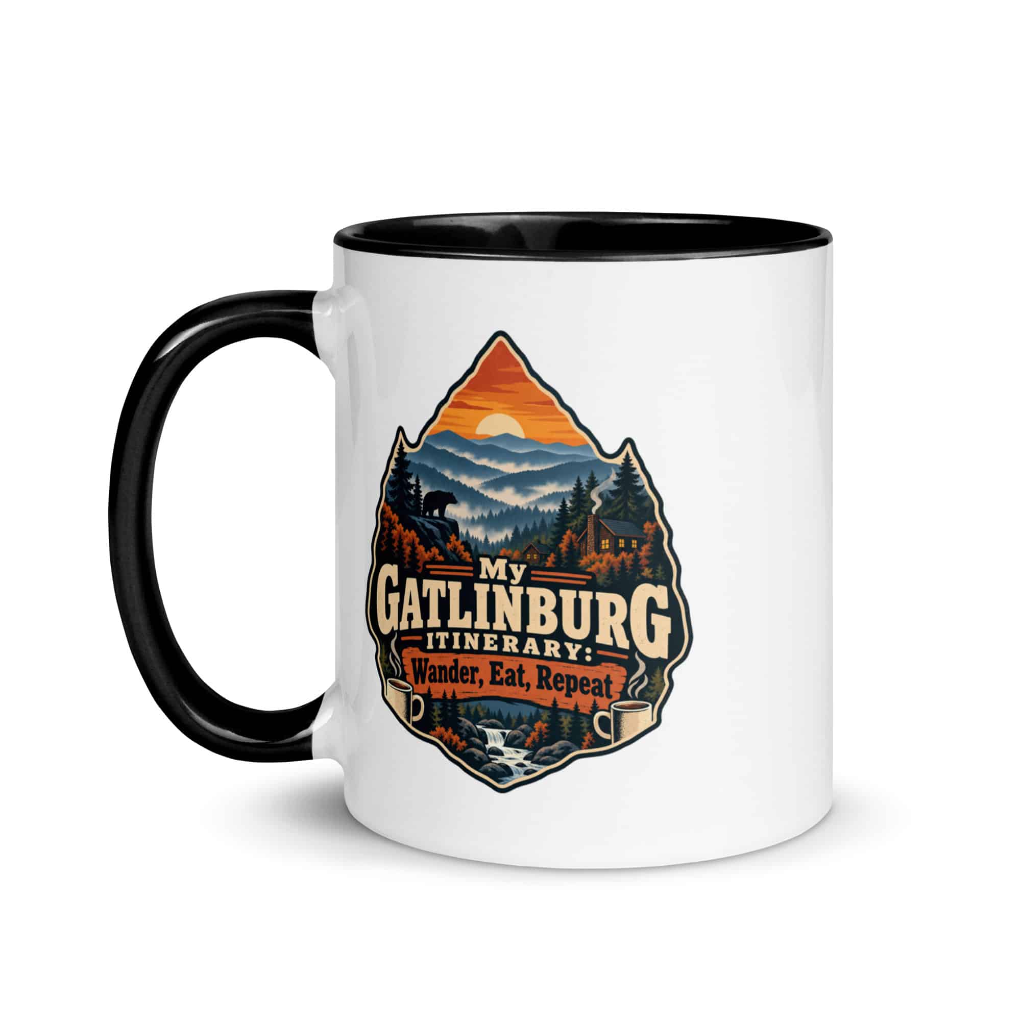Gatlinburg and the Smokies Color Inside Coffee Mug: My Gatlinburg Itinerary: Wander, Eat, Repeat, Scenic Shield Badge