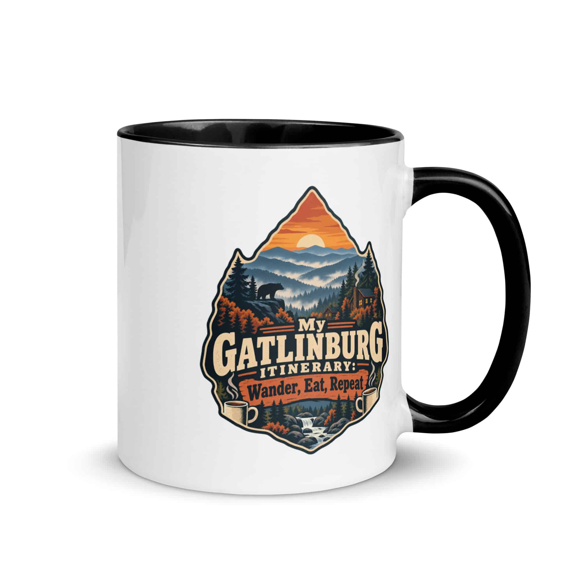 Gatlinburg and the Smokies Color Inside Coffee Mug: My Gatlinburg Itinerary: Wander, Eat, Repeat, Scenic Shield Badge