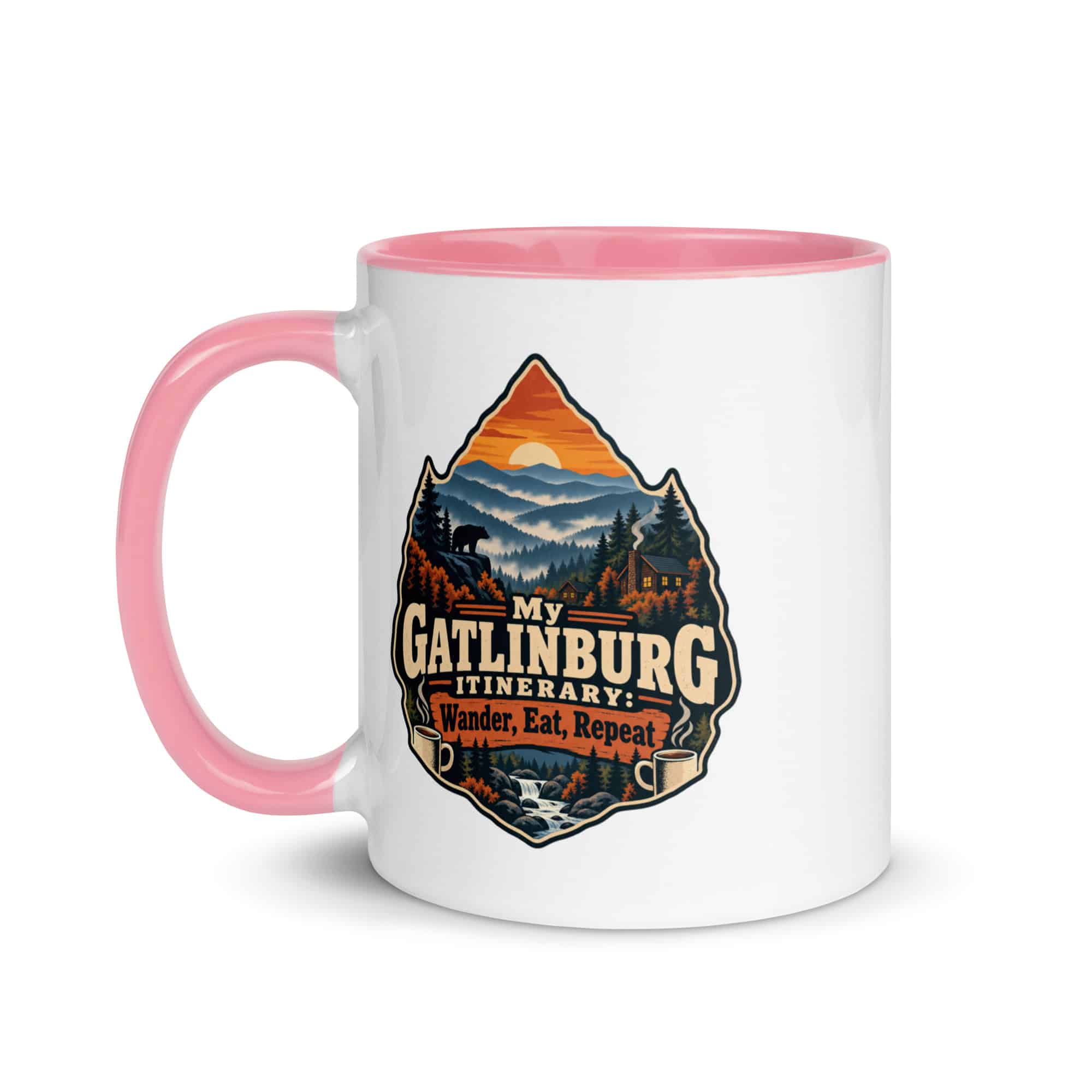 Gatlinburg and the Smokies Color Inside Coffee Mug: My Gatlinburg Itinerary: Wander, Eat, Repeat, Scenic Shield Badge