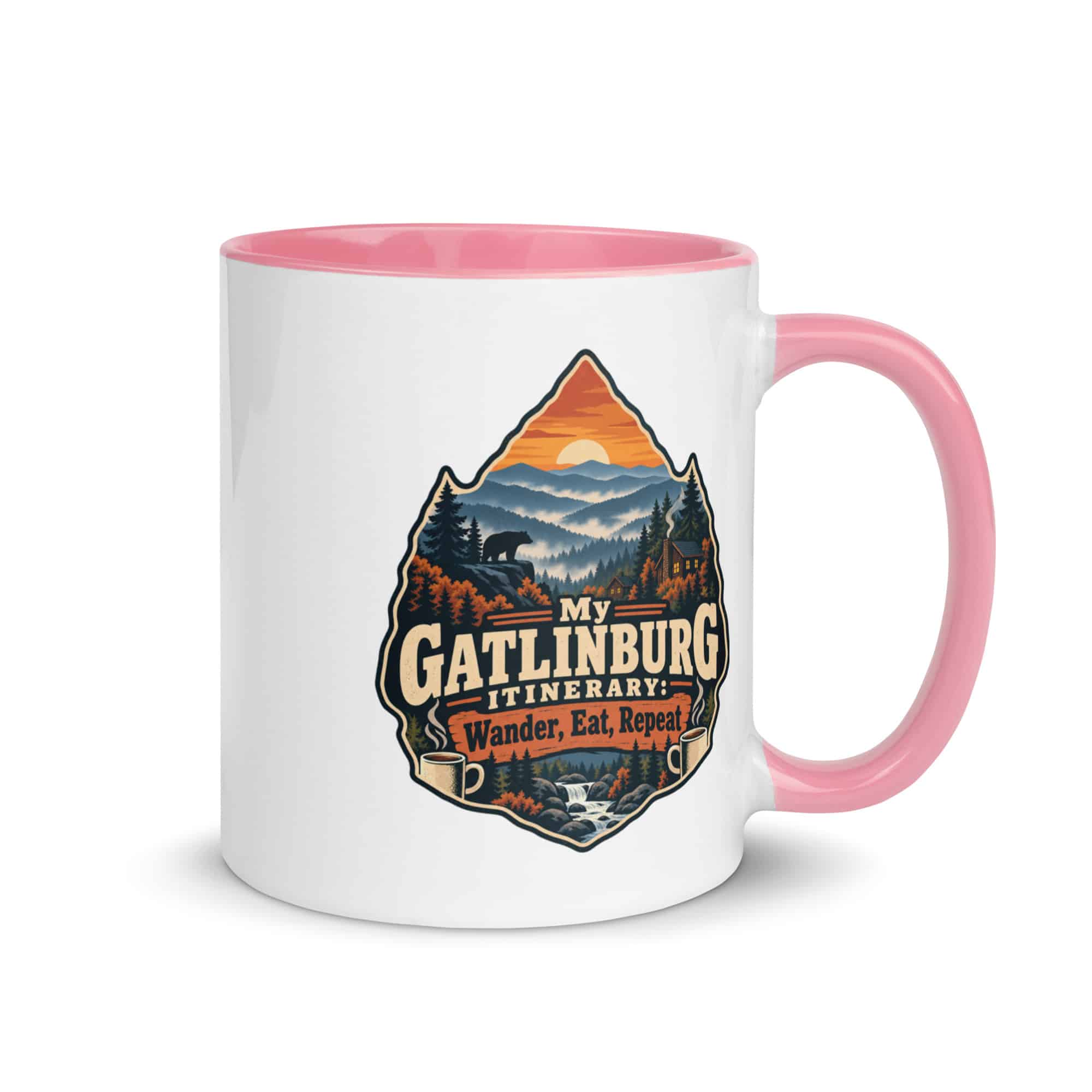Gatlinburg and the Smokies Color Inside Coffee Mug: My Gatlinburg Itinerary: Wander, Eat, Repeat, Scenic Shield Badge