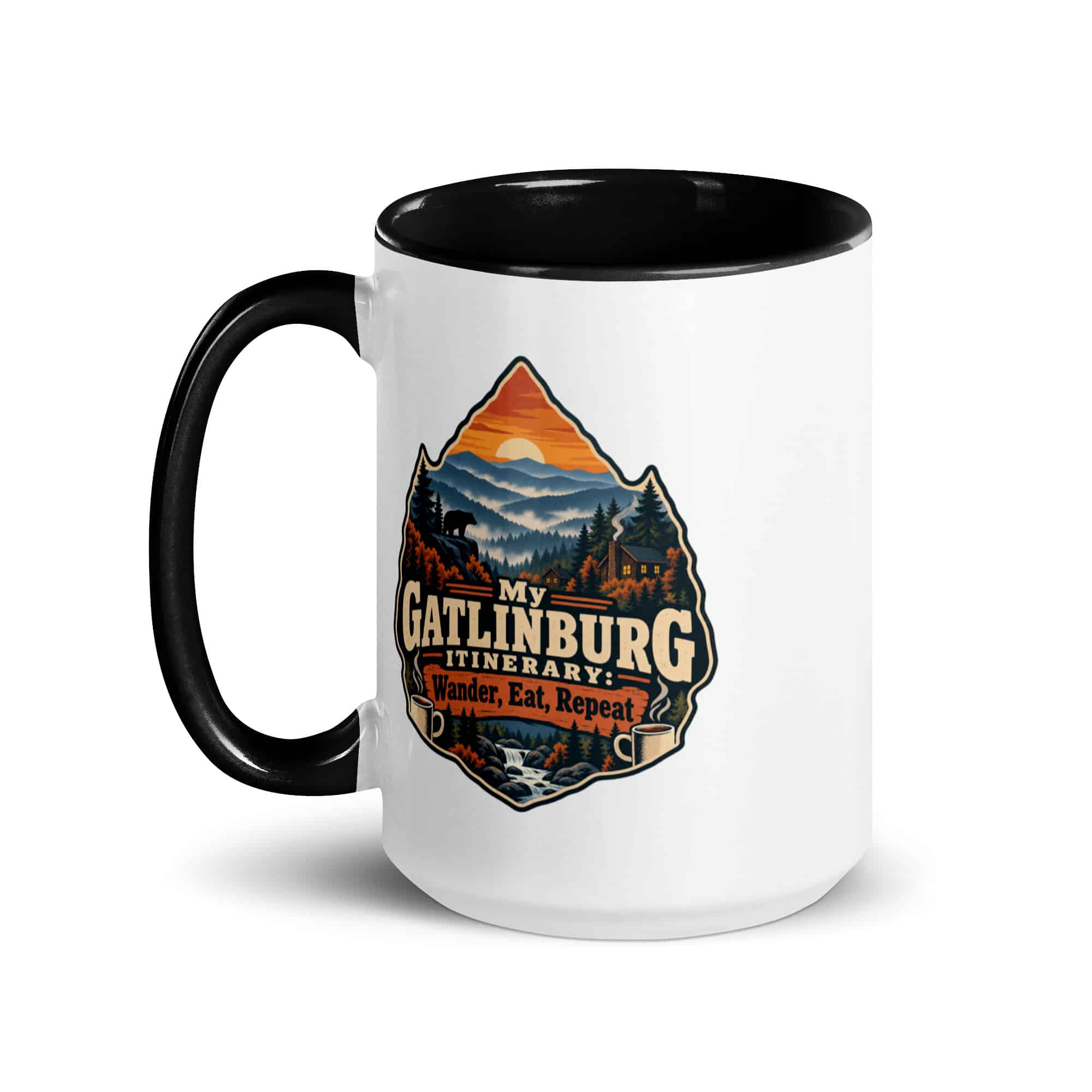 Gatlinburg and the Smokies Color Inside Coffee Mug: My Gatlinburg Itinerary: Wander, Eat, Repeat, Scenic Shield Badge
