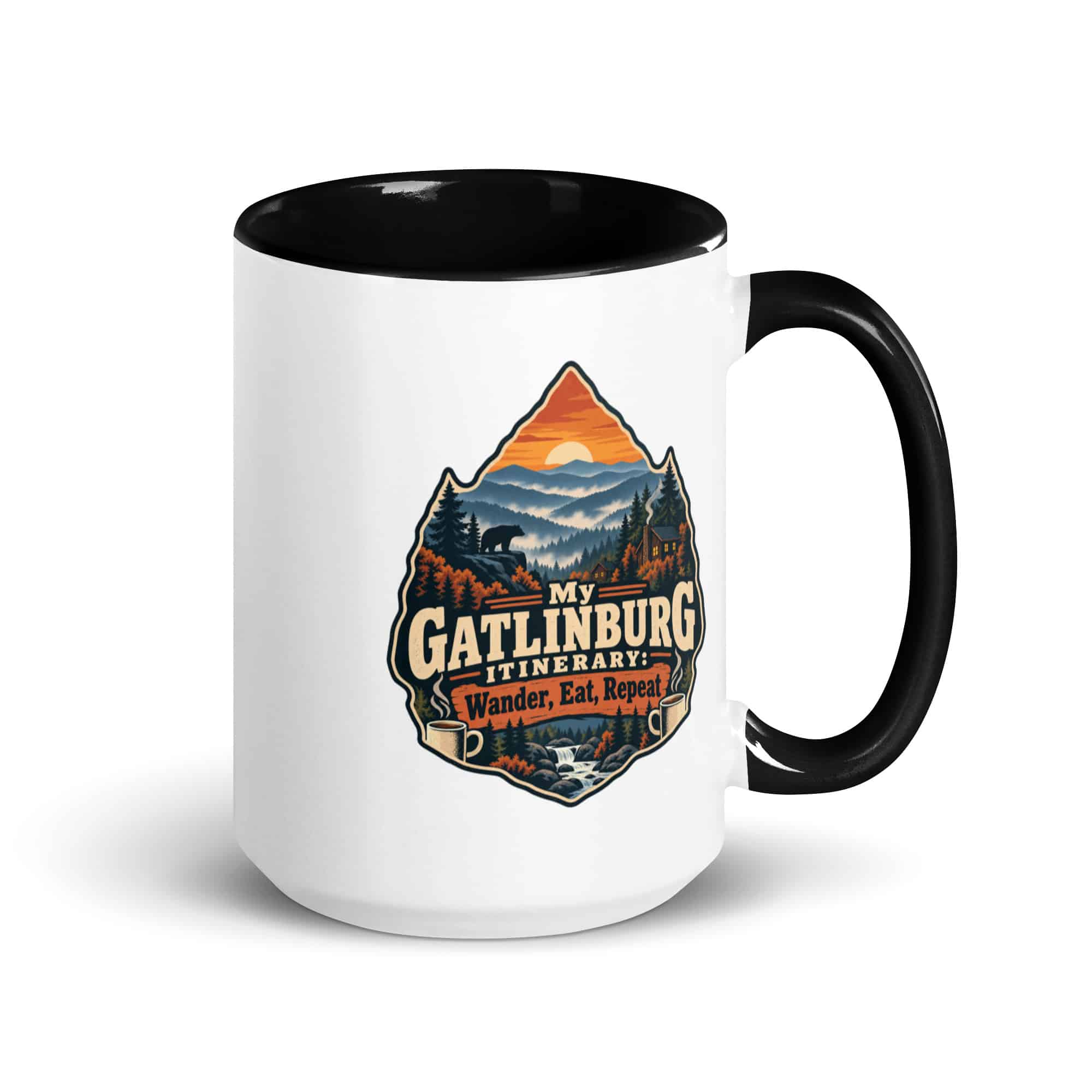 Gatlinburg and the Smokies Color Inside Coffee Mug: My Gatlinburg Itinerary: Wander, Eat, Repeat, Scenic Shield Badge