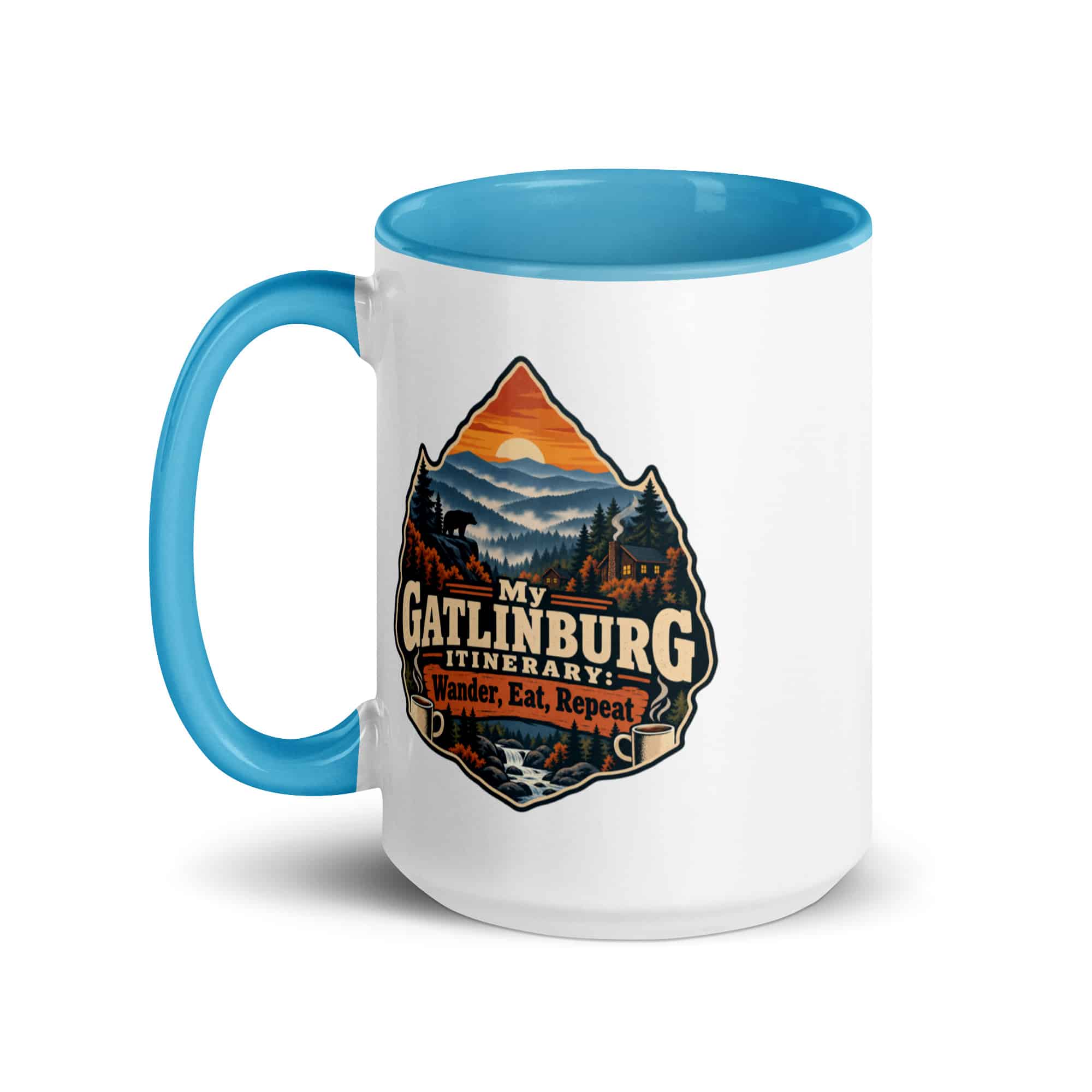 Gatlinburg and the Smokies Color Inside Coffee Mug: My Gatlinburg Itinerary: Wander, Eat, Repeat, Scenic Shield Badge