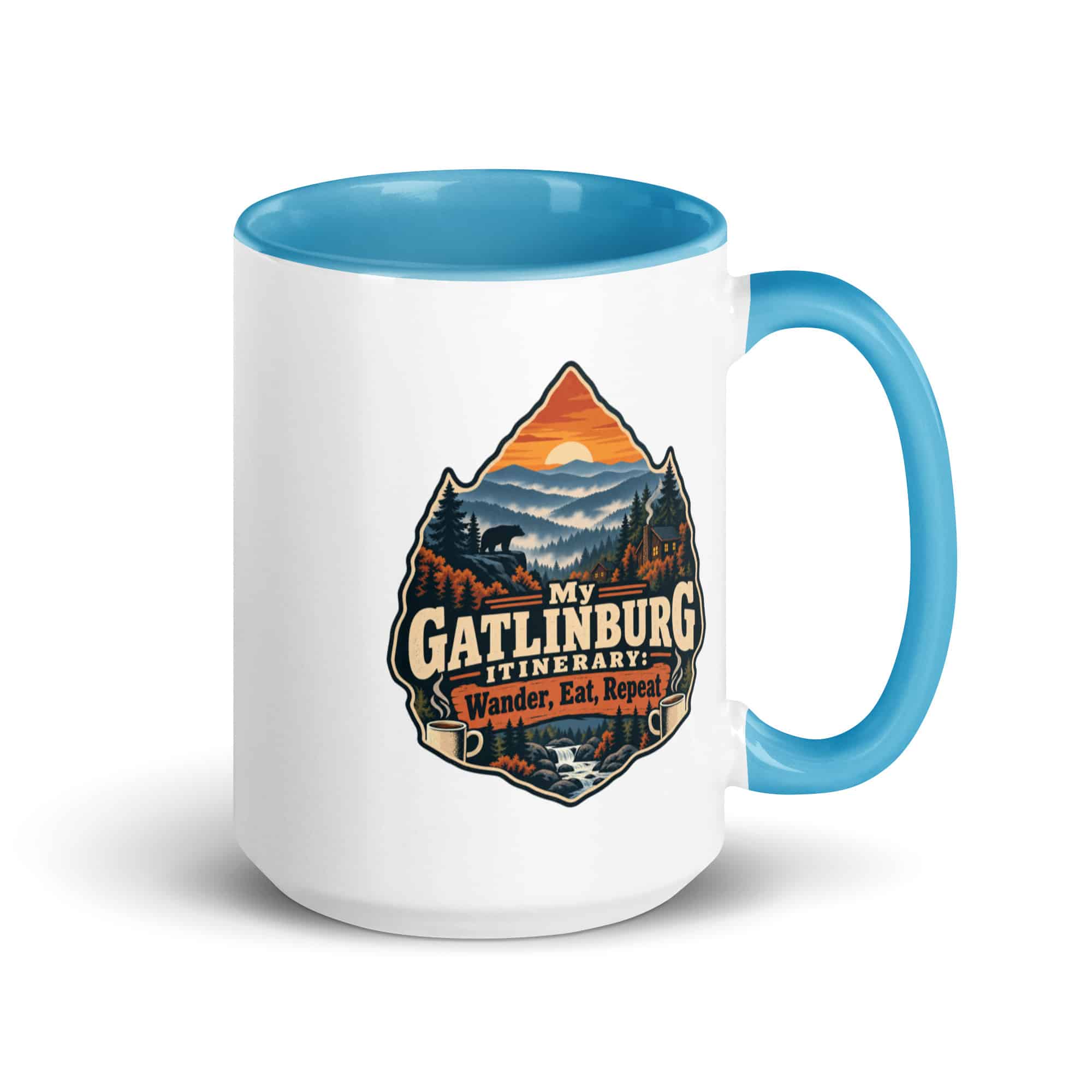 Gatlinburg and the Smokies Color Inside Coffee Mug: My Gatlinburg Itinerary: Wander, Eat, Repeat, Scenic Shield Badge