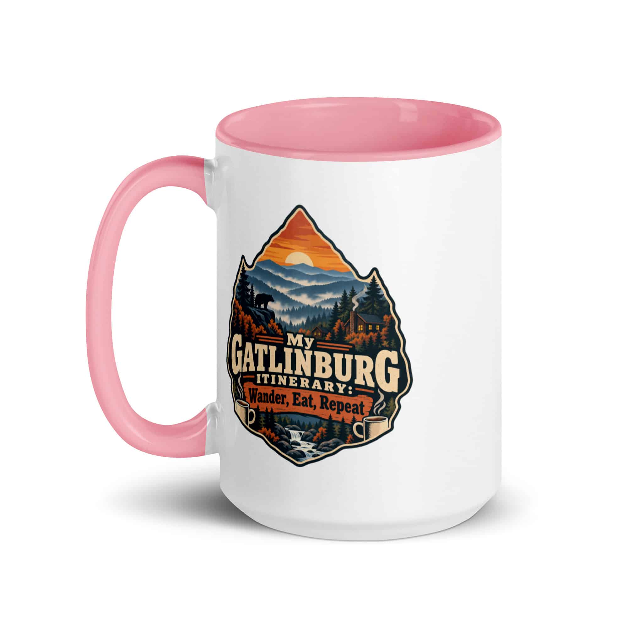 Gatlinburg and the Smokies Color Inside Coffee Mug: My Gatlinburg Itinerary: Wander, Eat, Repeat, Scenic Shield Badge