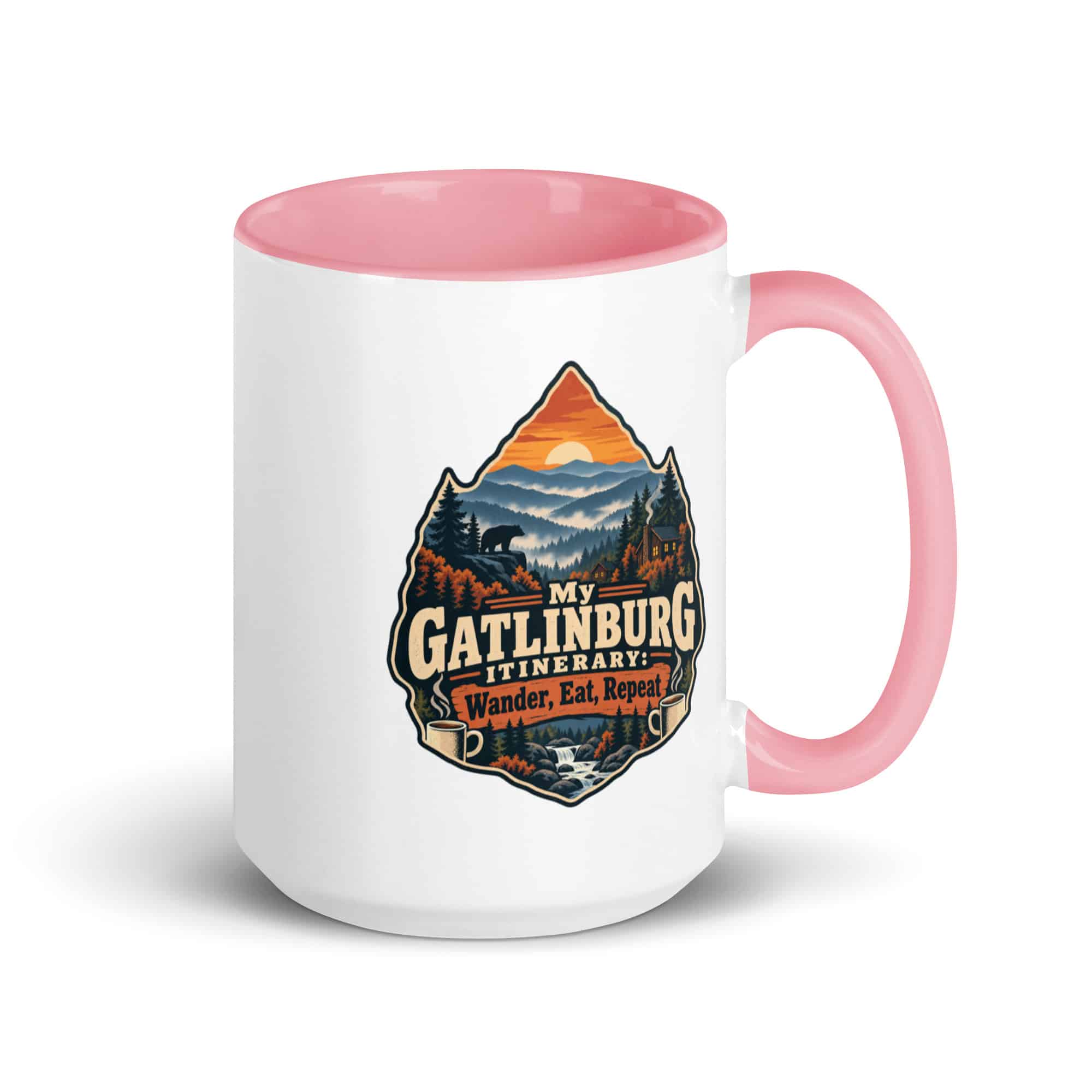 Gatlinburg and the Smokies Color Inside Coffee Mug: My Gatlinburg Itinerary: Wander, Eat, Repeat, Scenic Shield Badge