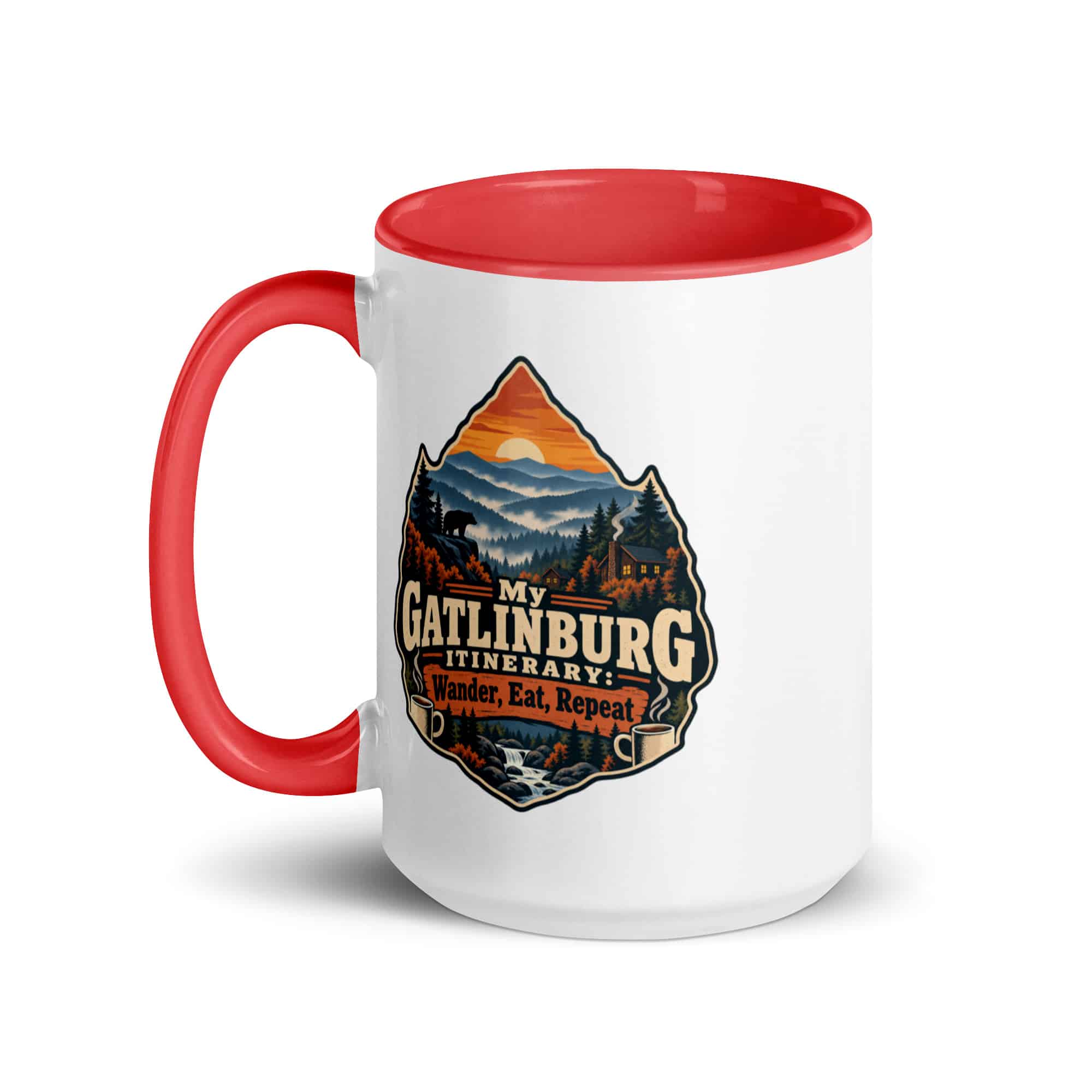 Gatlinburg and the Smokies Color Inside Coffee Mug: My Gatlinburg Itinerary: Wander, Eat, Repeat, Scenic Shield Badge