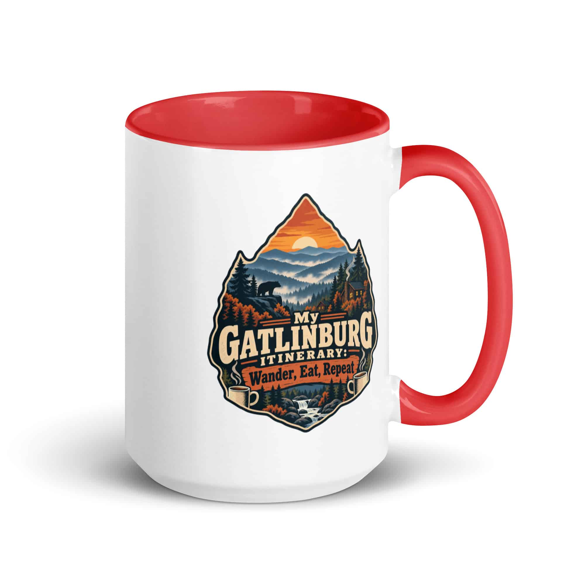 Gatlinburg and the Smokies Color Inside Coffee Mug: My Gatlinburg Itinerary: Wander, Eat, Repeat, Scenic Shield Badge