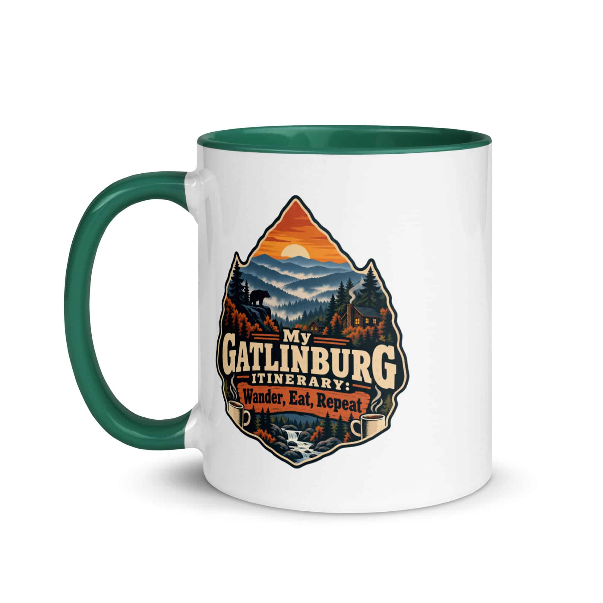 Gatlinburg and the Smokies Color Inside Coffee Mug: My Gatlinburg Itinerary: Wander, Eat, Repeat, Scenic Shield Badge