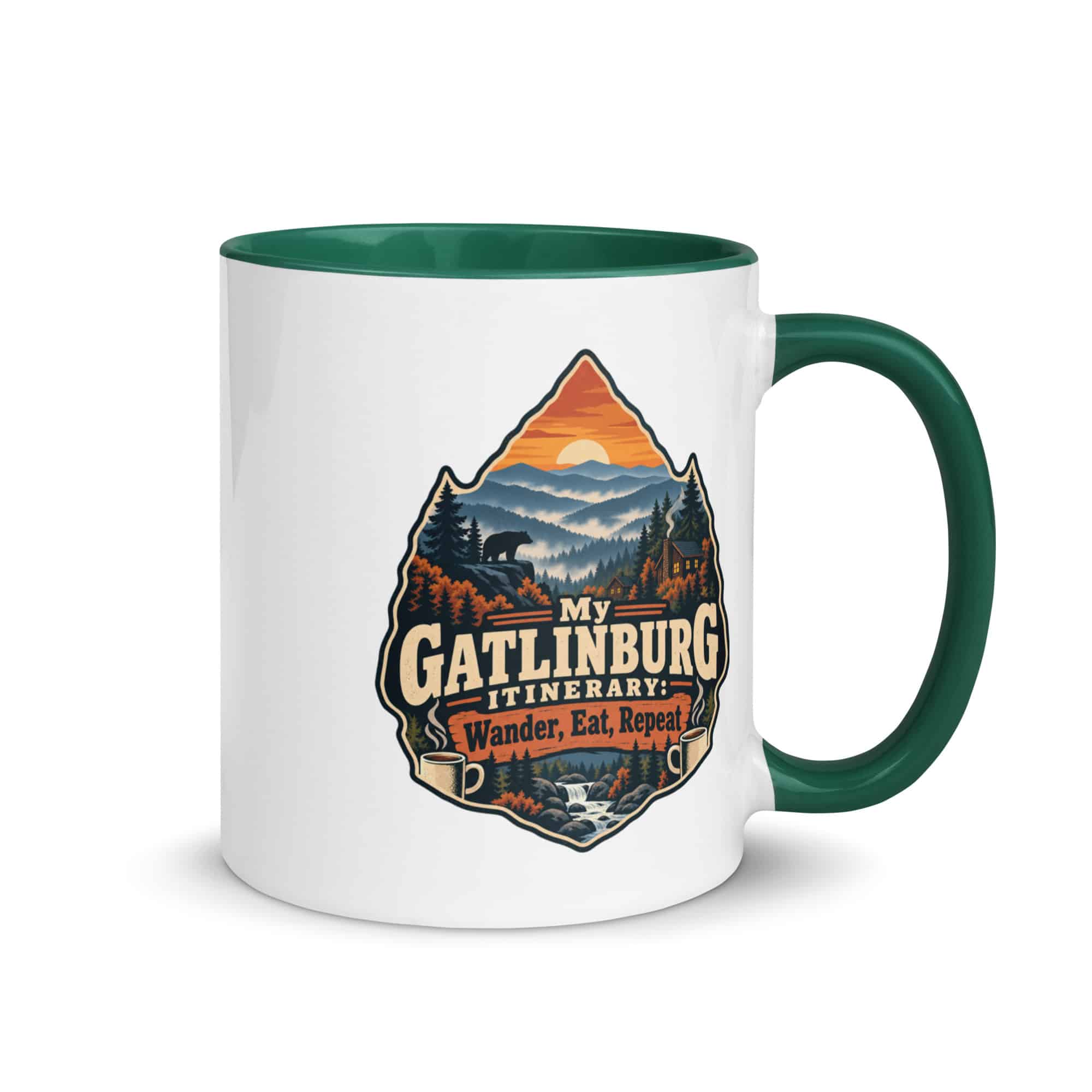 Gatlinburg and the Smokies Color Inside Coffee Mug: My Gatlinburg Itinerary: Wander, Eat, Repeat, Scenic Shield Badge