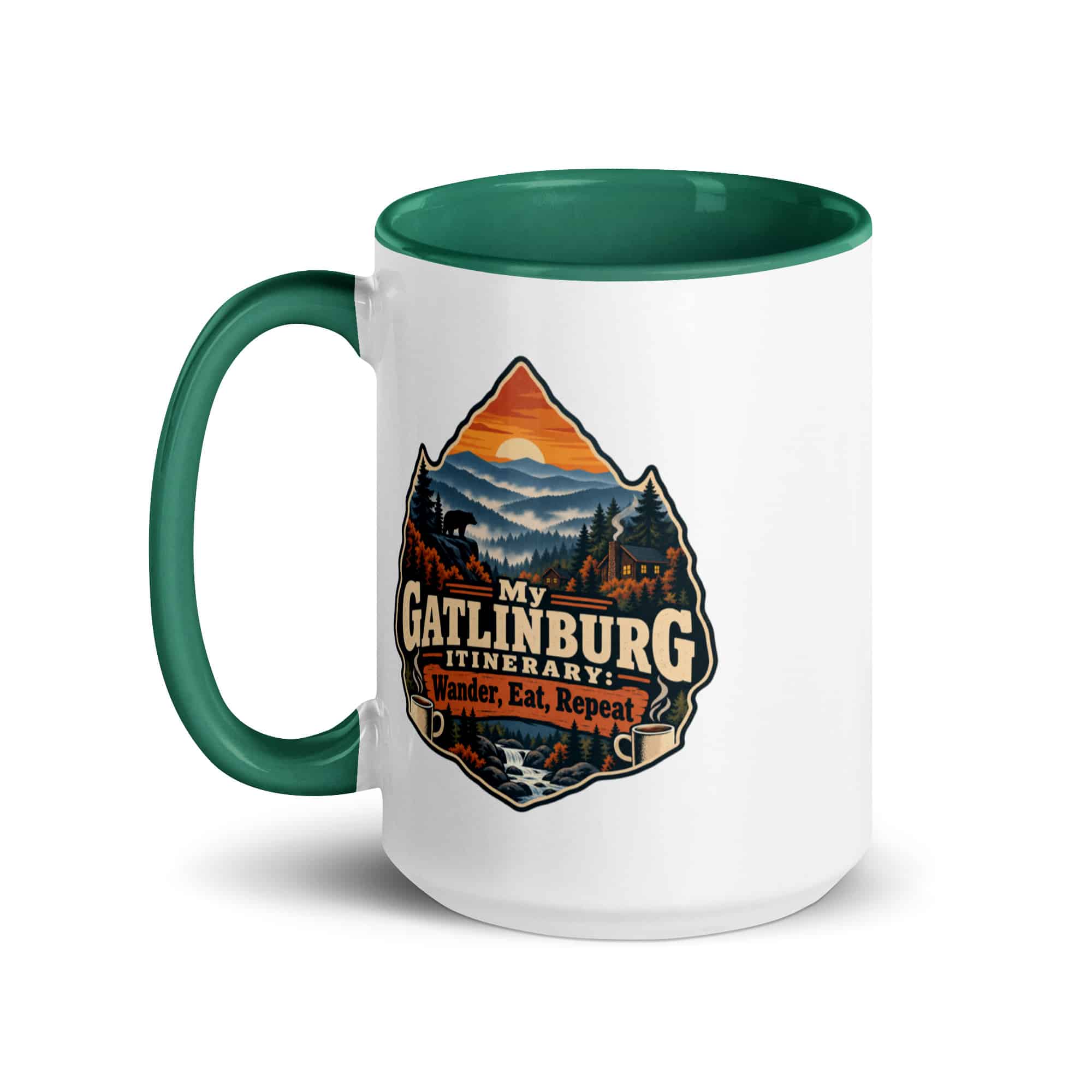 Gatlinburg and the Smokies Color Inside Coffee Mug: My Gatlinburg Itinerary: Wander, Eat, Repeat, Scenic Shield Badge