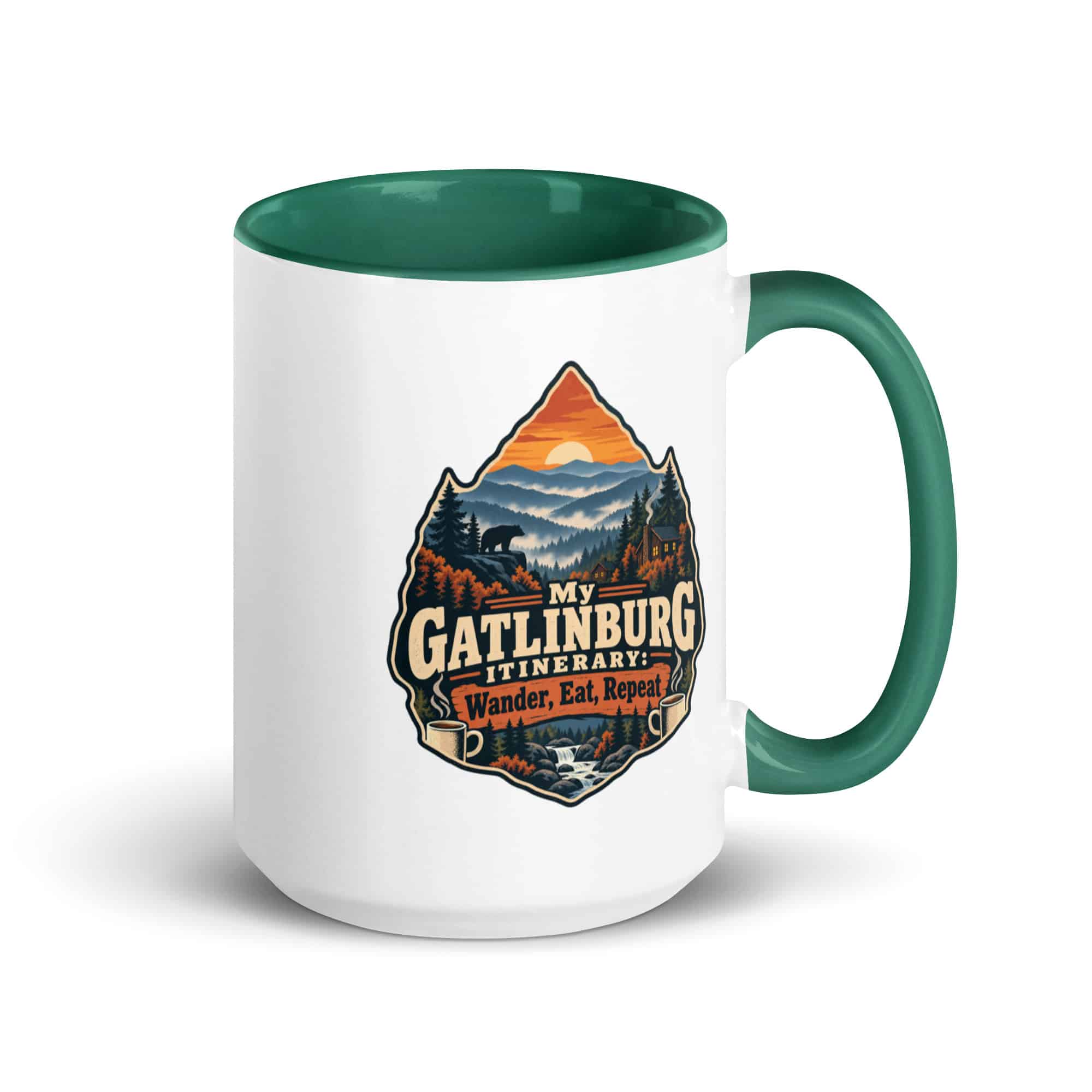 Gatlinburg and the Smokies Color Inside Coffee Mug: My Gatlinburg Itinerary: Wander, Eat, Repeat, Scenic Shield Badge