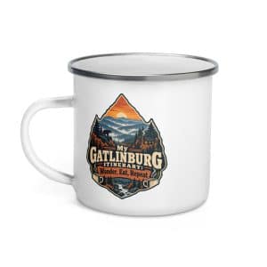 Gatlinburg and the Smokies Enamel Camp Mug: My Gatlinburg Itinerary: Wander, Eat, Repeat, Scenic Shield Badge - 12 oz - Left