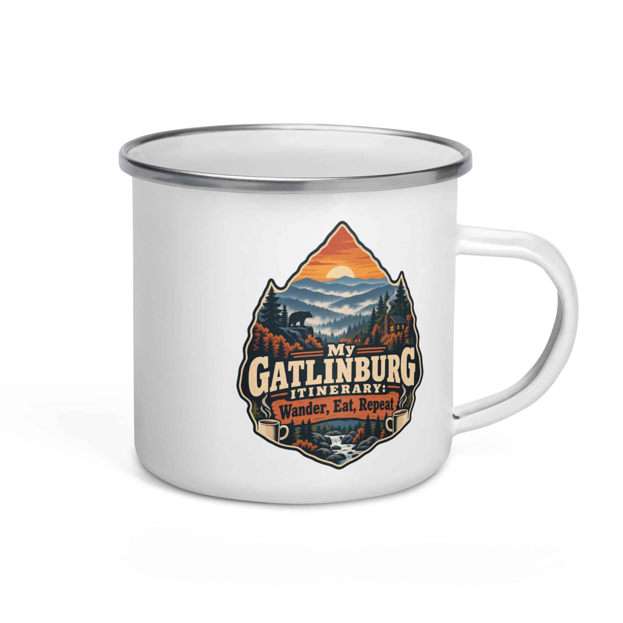 Gatlinburg and the Smokies Enamel Camp Mug: My Gatlinburg Itinerary: Wander, Eat, Repeat, Scenic Shield Badge