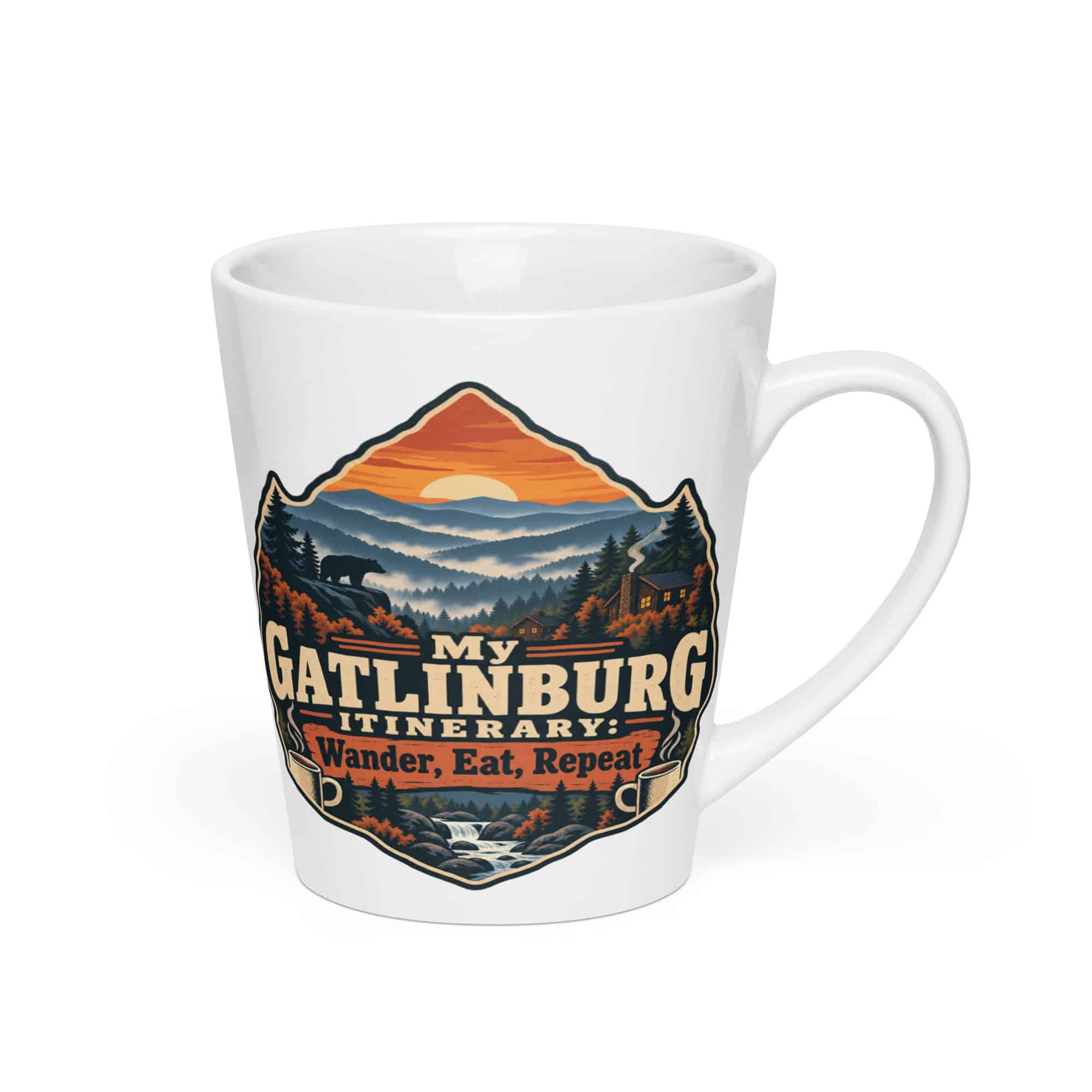 Gatlinburg and the Smokies Latte Mug: My Gatlinburg Itinerary: Wander, Eat, Repeat, Scenic Shield Badge